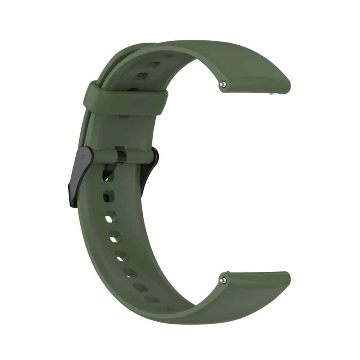 Ein olivgrünes Uhrenarmband, C-förmig gebogen, mit einer schwarzen Schnalle.