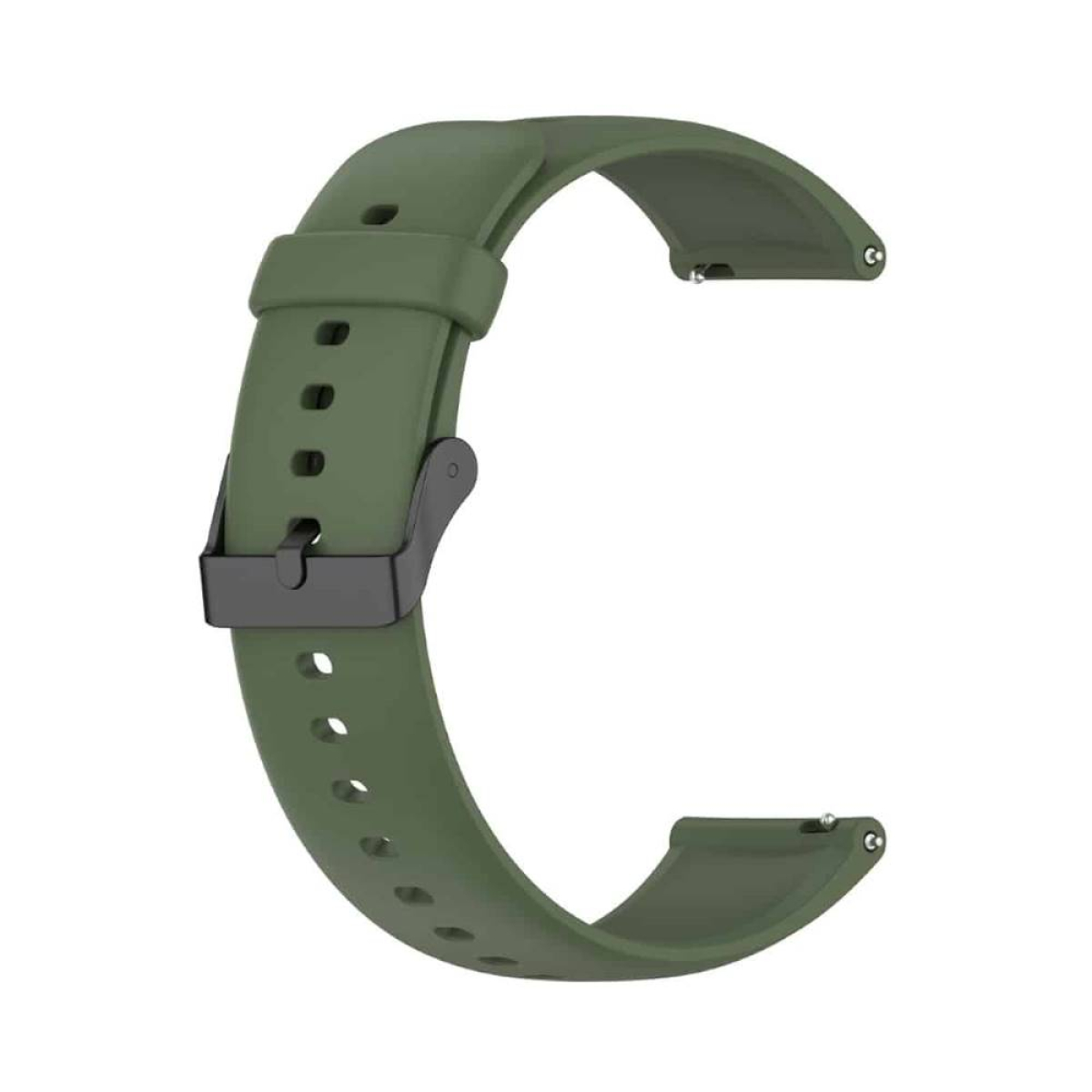 Ein olivgrünes Uhrenarmband mit schwarzer Schnalle, isoliert auf weißem Hintergrund.