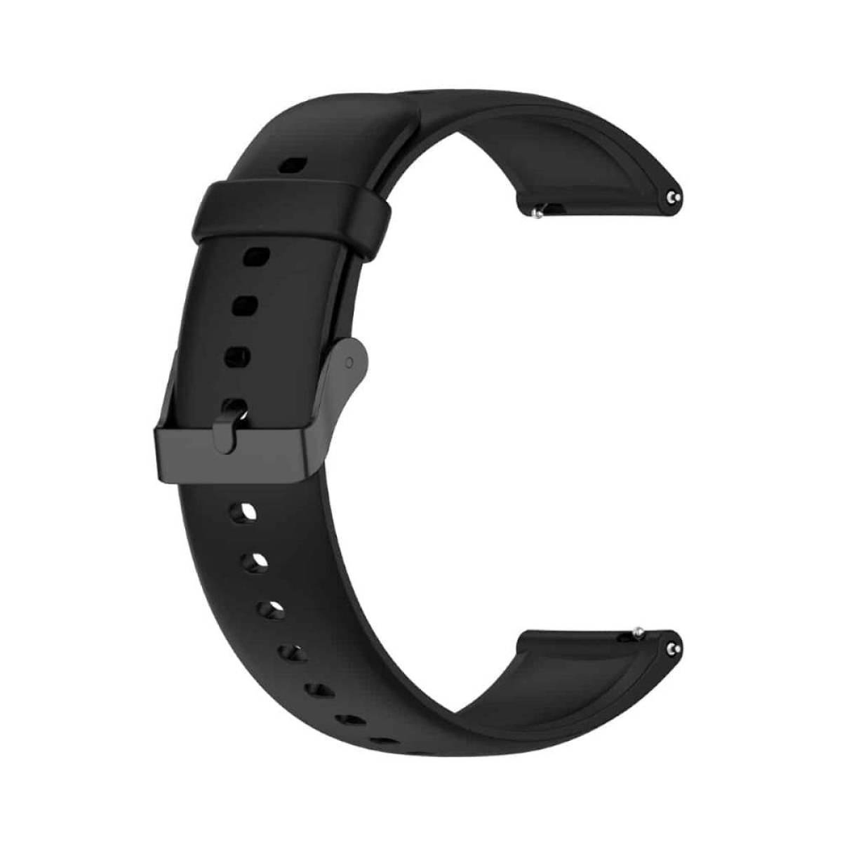 Schwarzes Uhrenarmband, Schnalle geschlossen. Weißer Hintergrund.