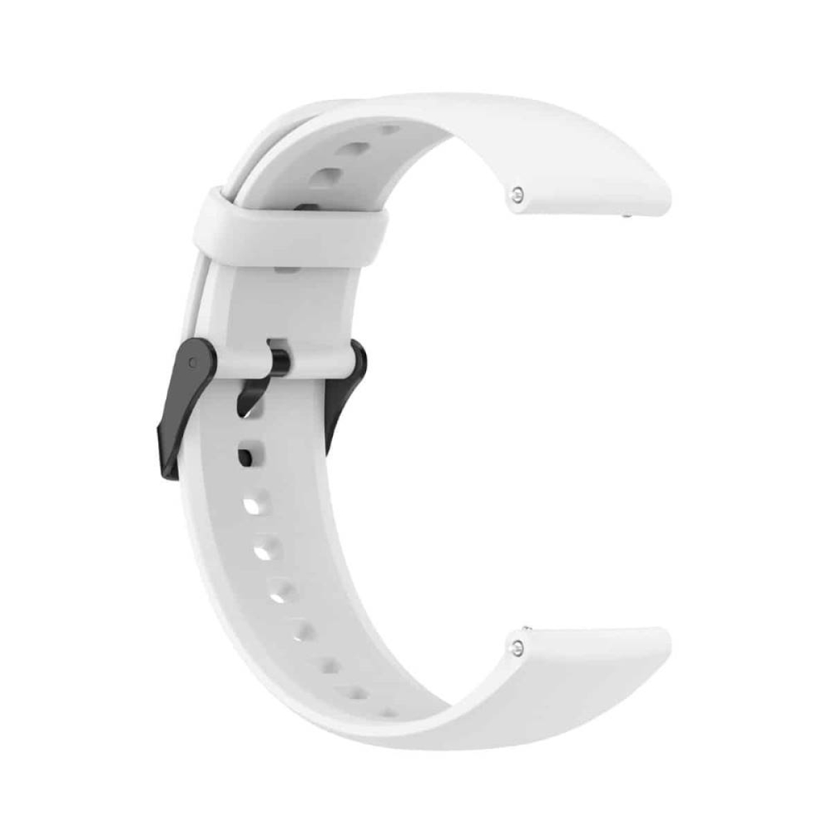 Weißes Uhrenarmband mit schwarzer Schnalle.