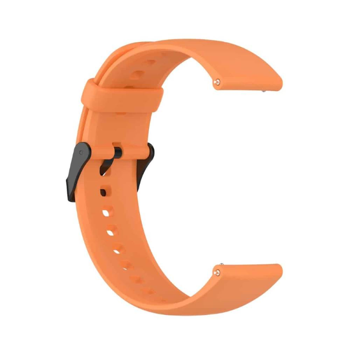 Ein orangefarbenes Uhrenarmband. Es hat eine schwarze Schnalle. Es hat Löcher zur Anpassung. Das Armband ist flexibel.