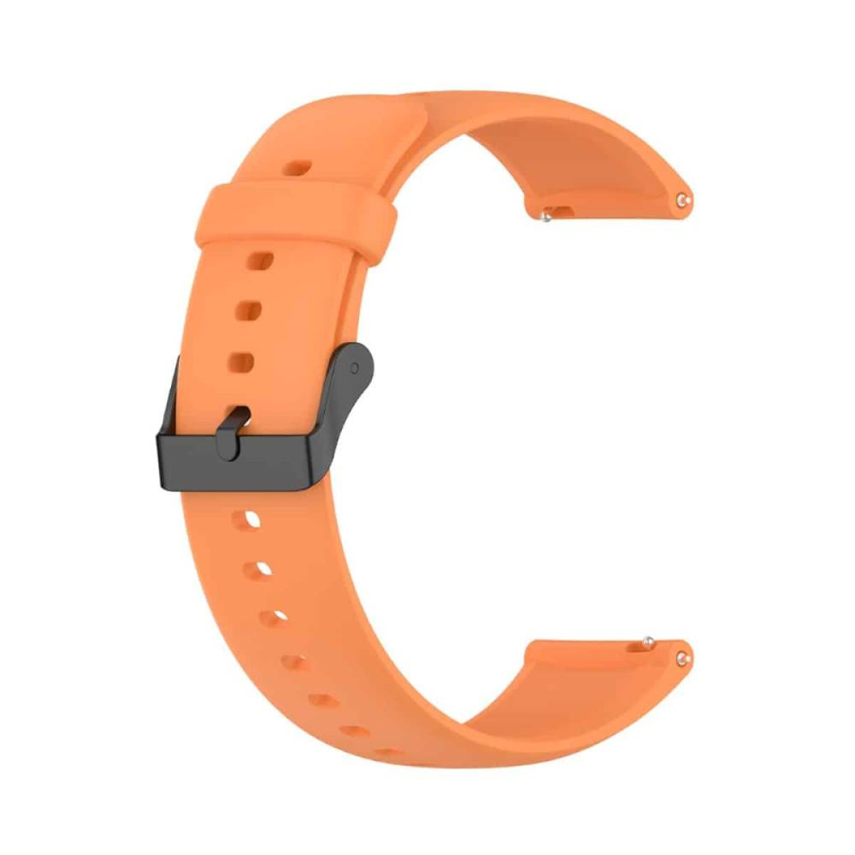 Oranges Uhrenarmband mit schwarzem Verschluss. Das Armband ist C-förmig und hat eine schwarze Schnalle.