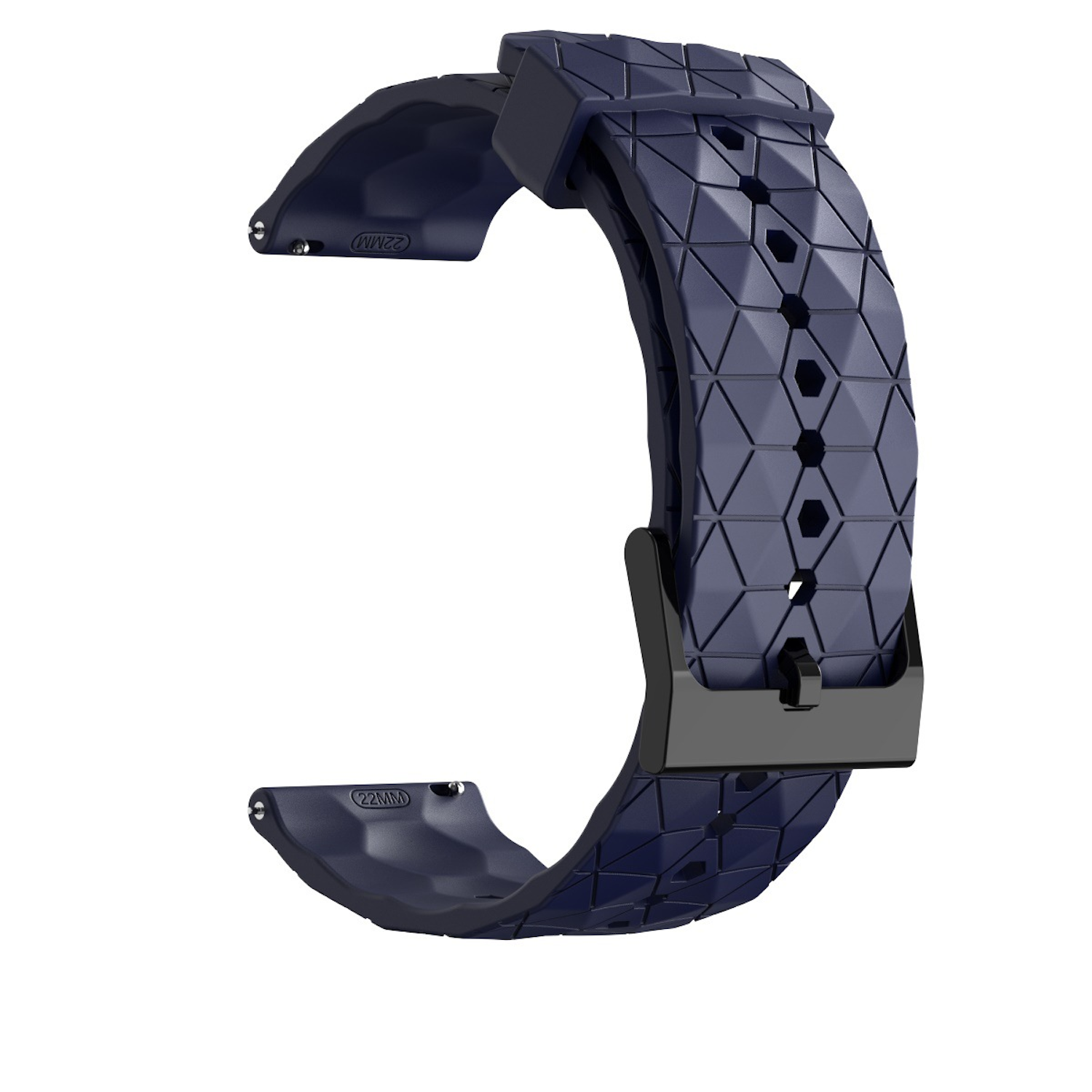 Dunkelblaues Uhrenarmband mit geometrischem Muster und schwarzer Schließe. Der Hintergrund ist weiß.