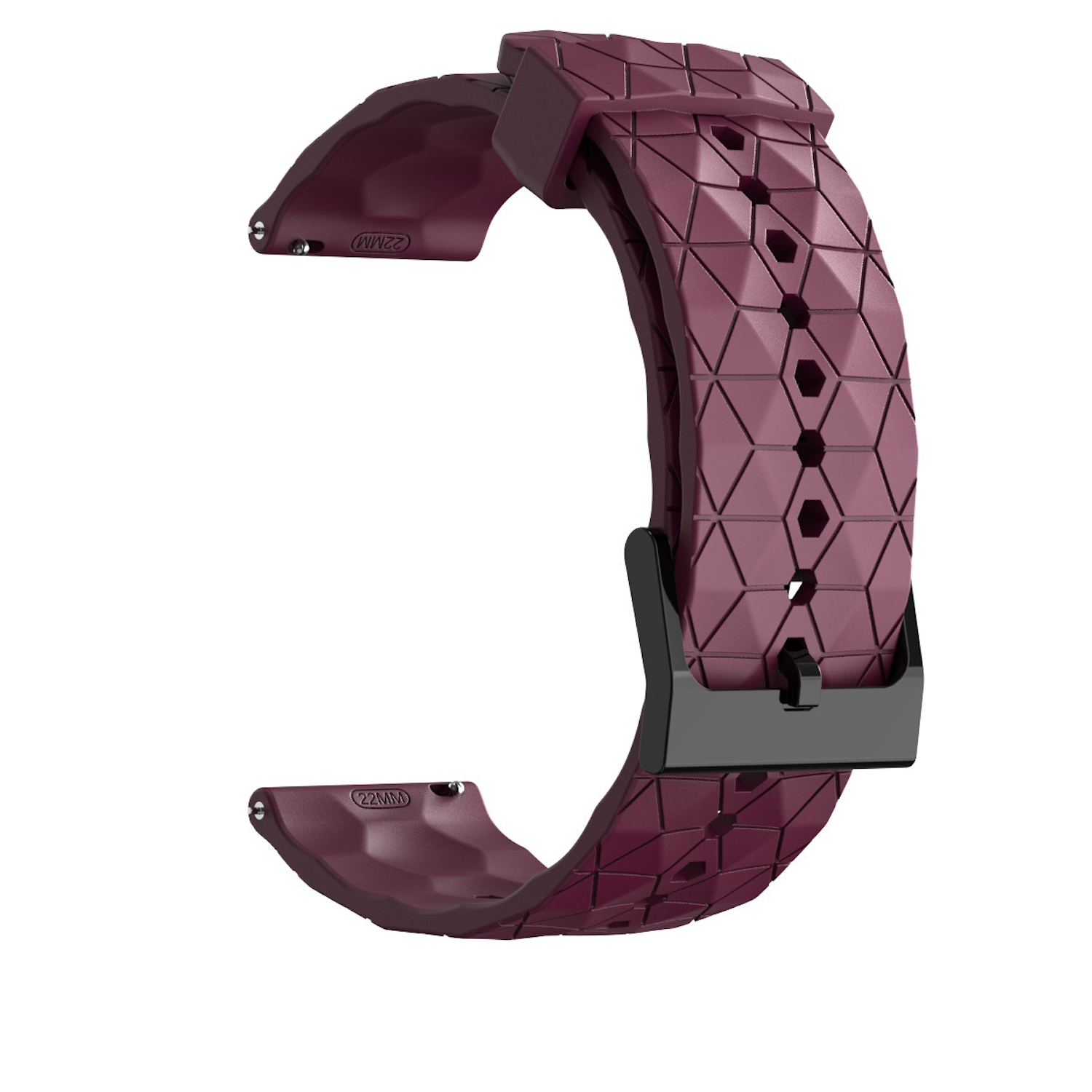 Dunkelrotes Uhrenarmband mit geometrischem Muster und schwarzer Schnalle. Weißer Hintergrund.
