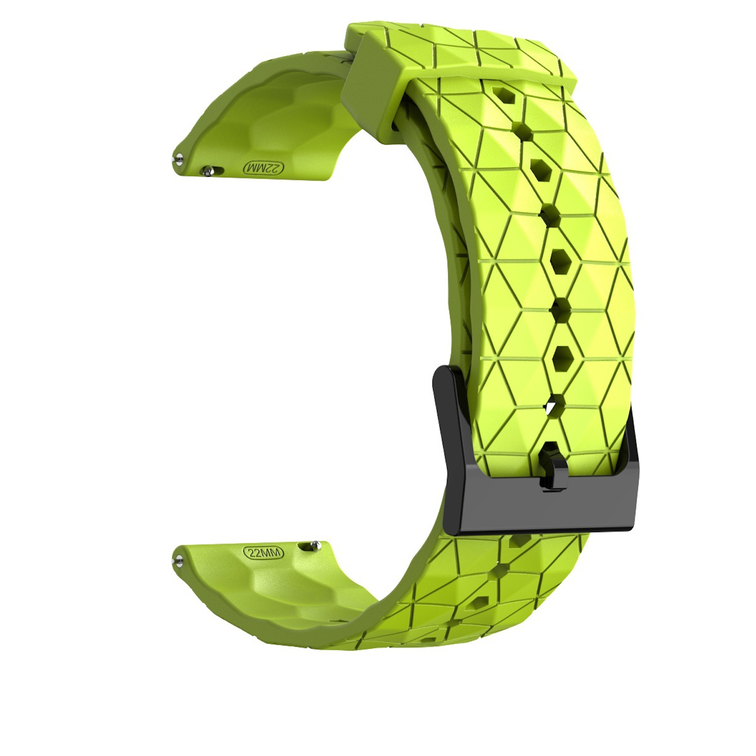 Correa de smartwatch verde con un patrón geométrico. Tiene una hebilla negra. La correa es verde brillante.