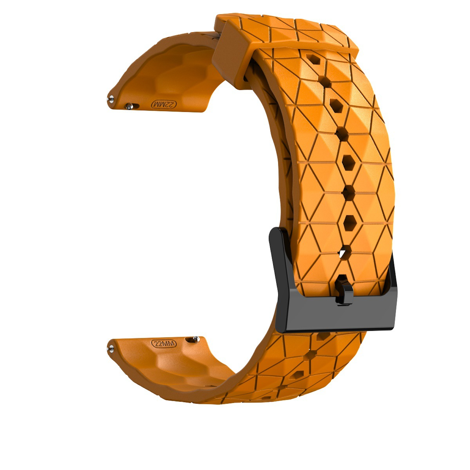 Oranges Uhrenarmband mit schwarzer Schnalle. Das Armband hat ein geometrisches Design und ist orange.