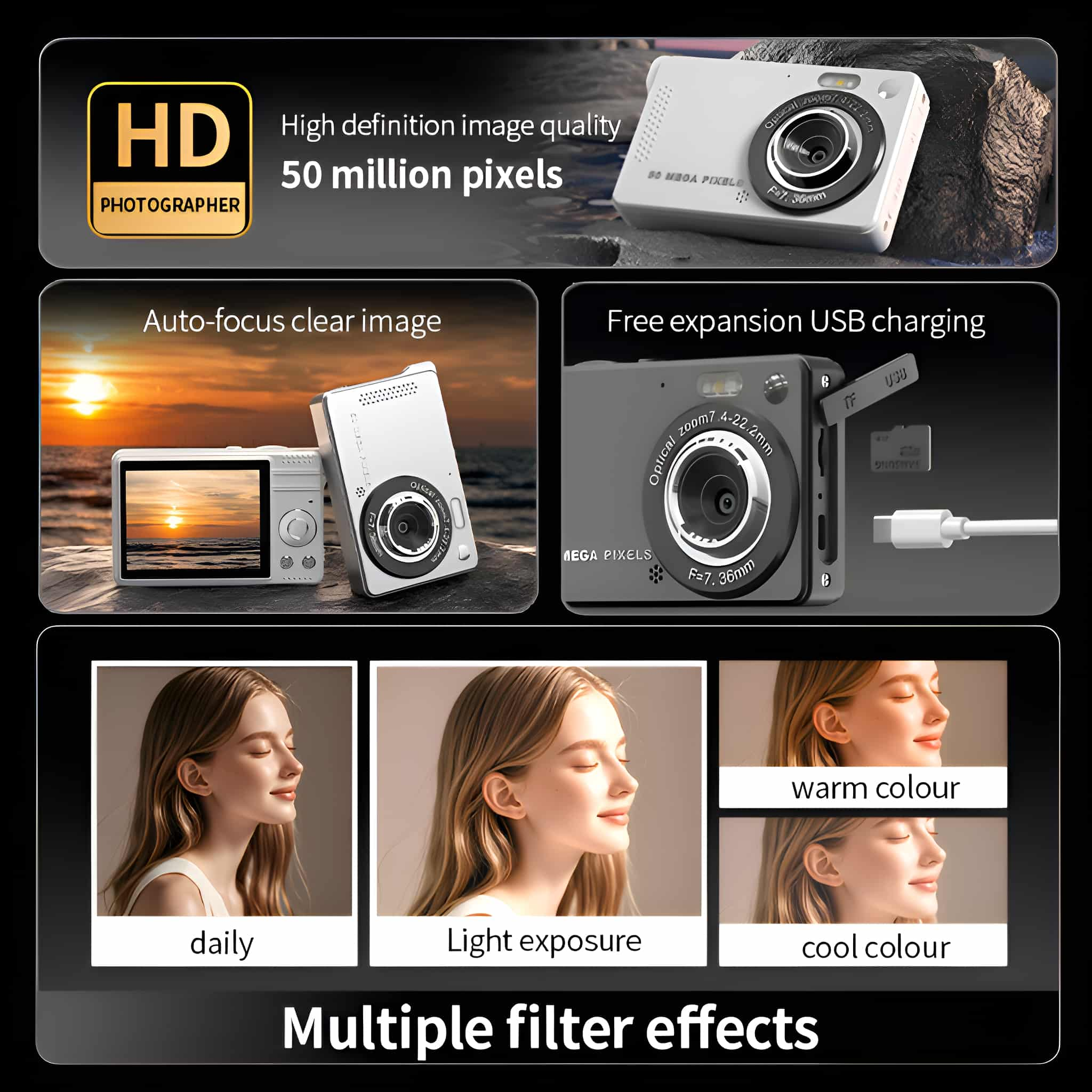 Kameras mit Filtereffekten. Merkmale sind Autofokus und USB-Aufladung.