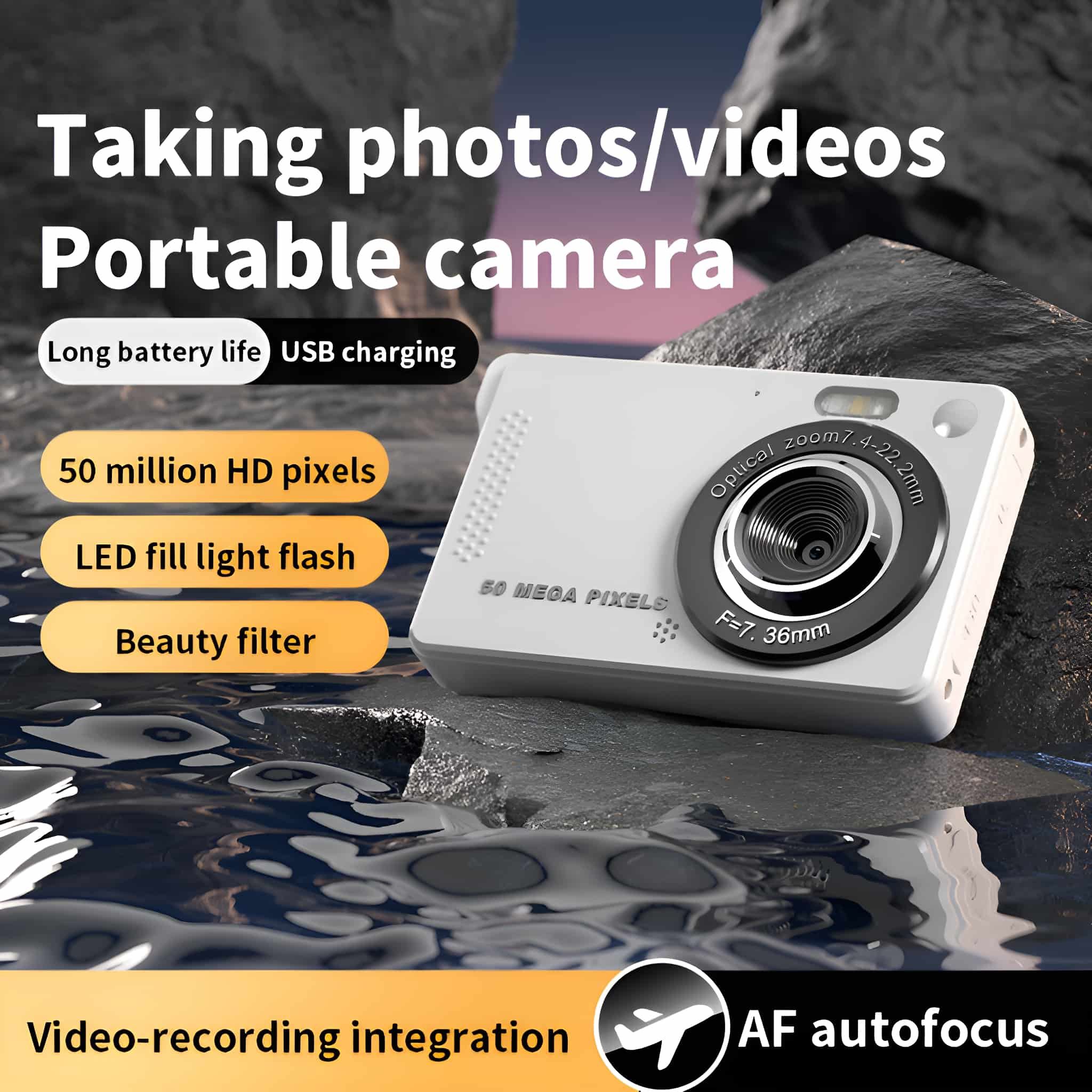 Weiße, tragbare Kamera mit Beschriftungen. Funktionen: 50MP, LED-Blitz, Beauty-Filter.