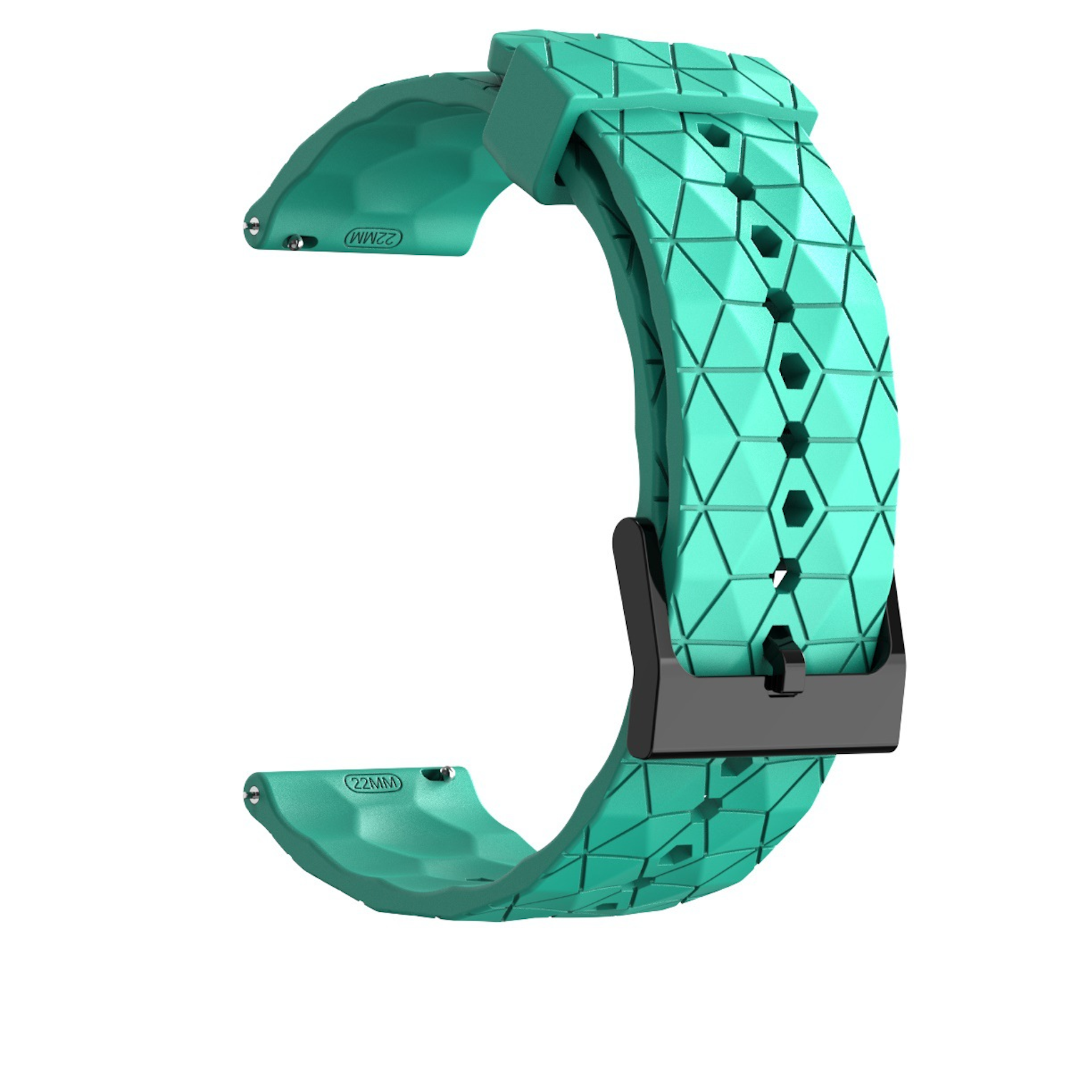 Grünes Uhrenarmband mit geometrischem Muster und schwarzer Schnalle.