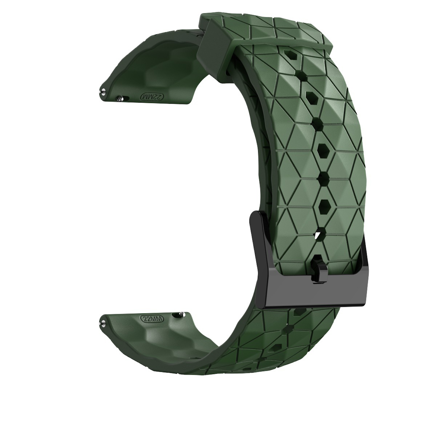 Grünes Uhrenarmband mit geometrischem Design und schwarzer Schnalle, auf weißem Hintergrund.