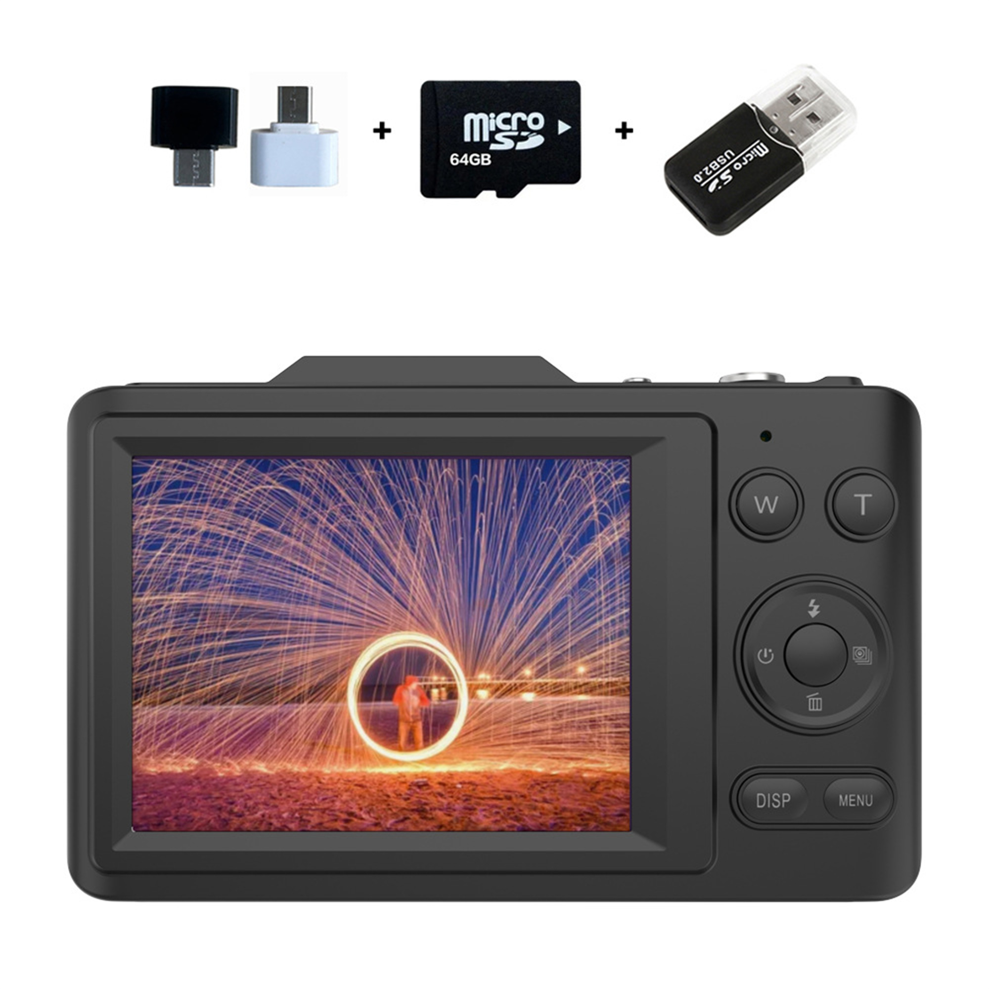 Schwarze Kamera mit Bildschirm, der ein Feuerwerksbild zeigt. Enthält Micro-SD und USB-Adapter.