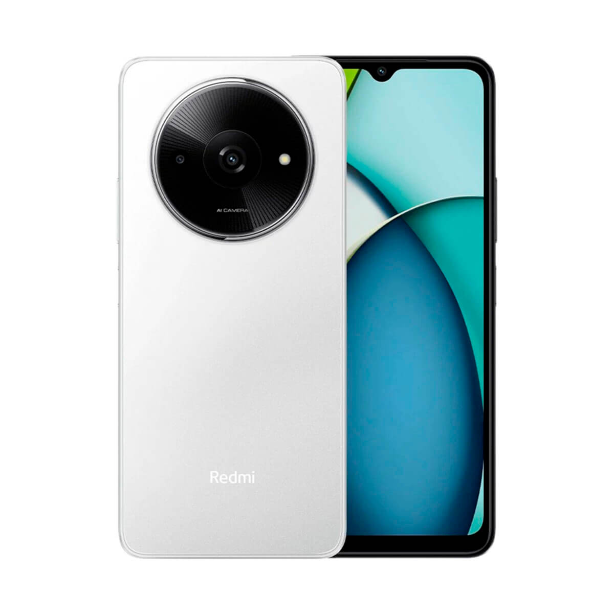 Weißes Redmi-Smartphone mit großem kreisförmigen Kameramodul auf der Rückseite.