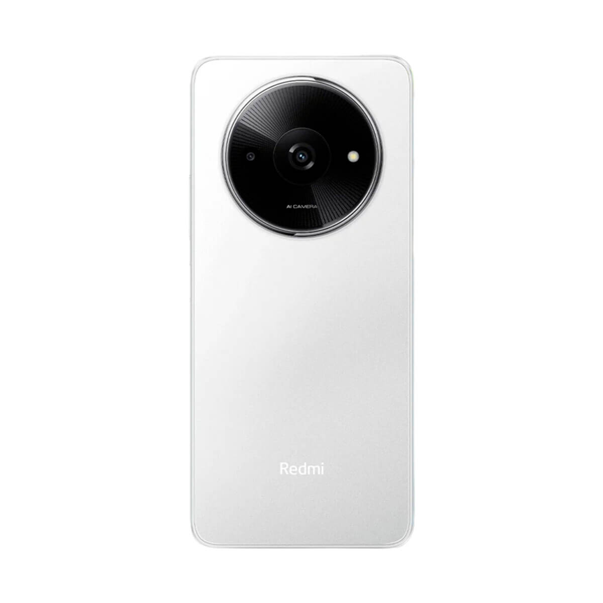 Die Rückseite eines weißen Redmi-Telefons mit einem kreisförmigen Kameramodul.