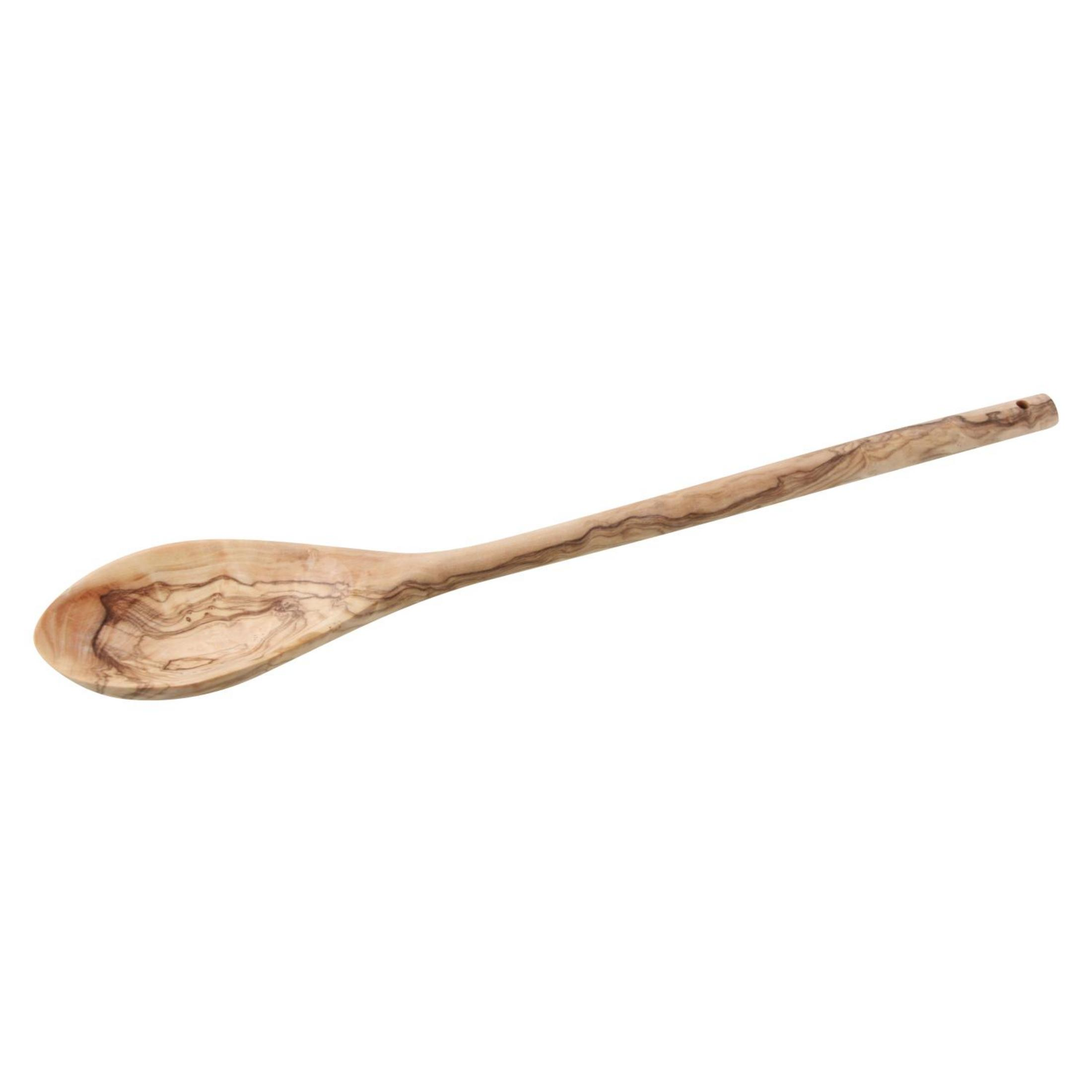 Ein Holzlöffel mit langem Griff, der auf einer weißen Oberfläche liegt.