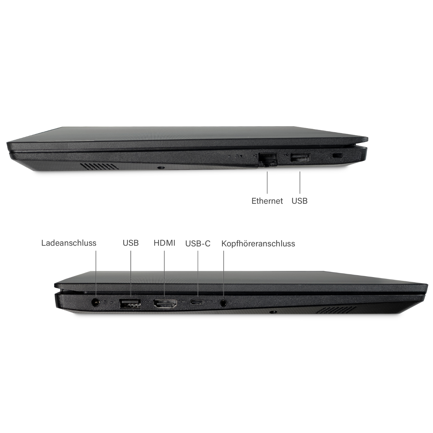 Zwei Laptops, die die Seite mit beschrifteten Anschlüssen zeigen. Der obere Laptop zeigt Ethernet- und USB-Anschlüsse.
