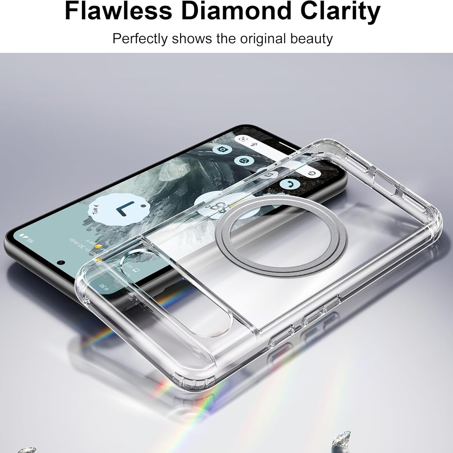 Ein Telefon in einer transparenten Hülle mit Ringhalter. Der Hintergrund ist eine reflektierende Oberfläche.
