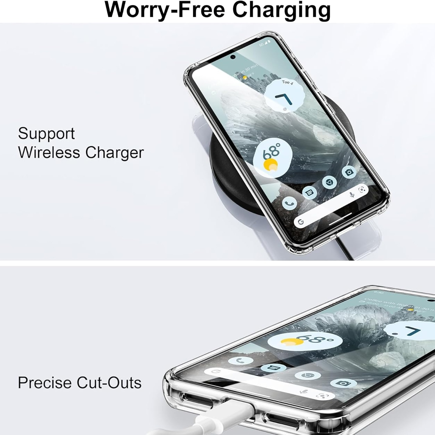 Telefon, das drahtlos auf einem schwarzen Pad geladen wird. Klare Hülle auf dem Telefon.