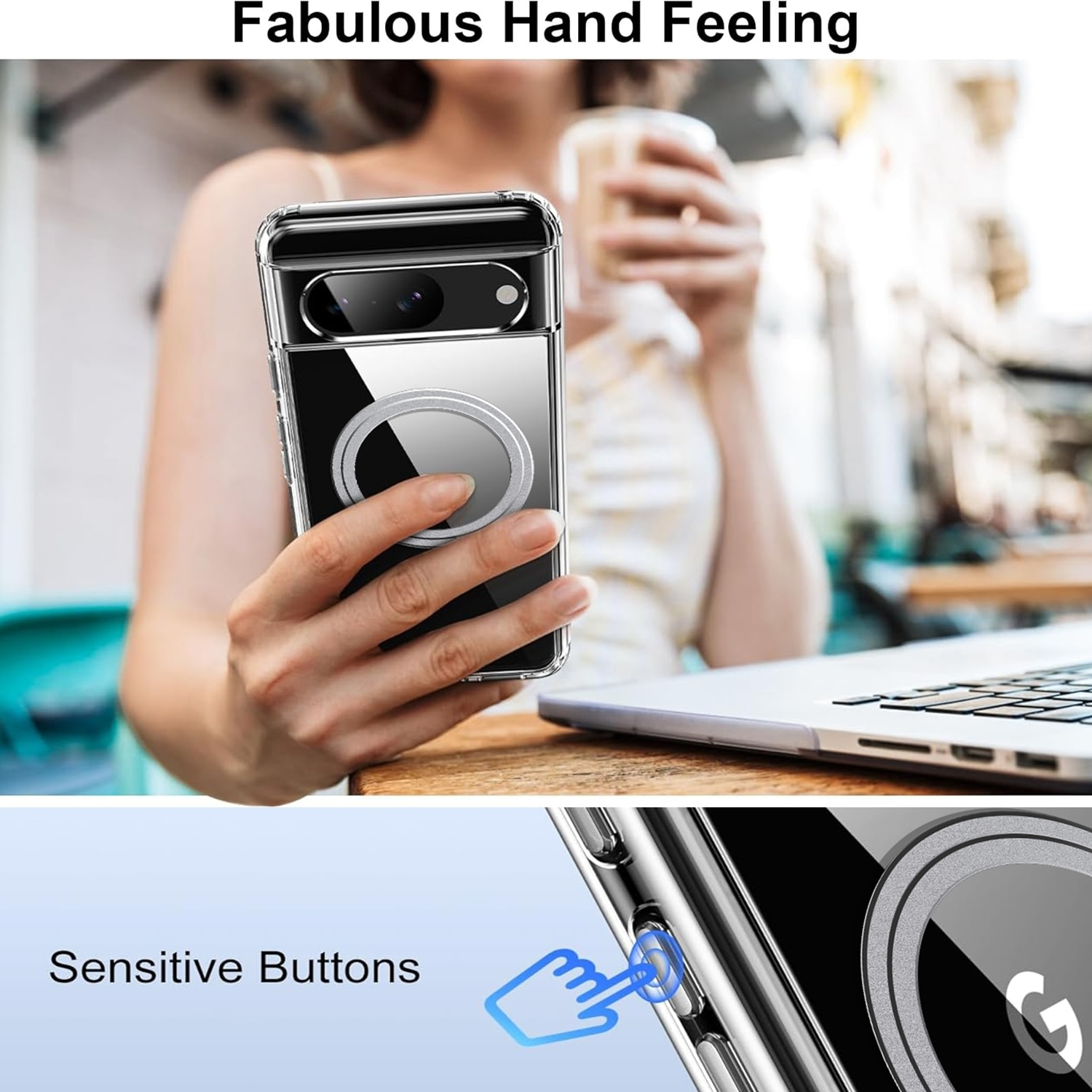 Eine Person hält ein Telefon in einer durchsichtigen Hülle mit einem silbernen Ring.
