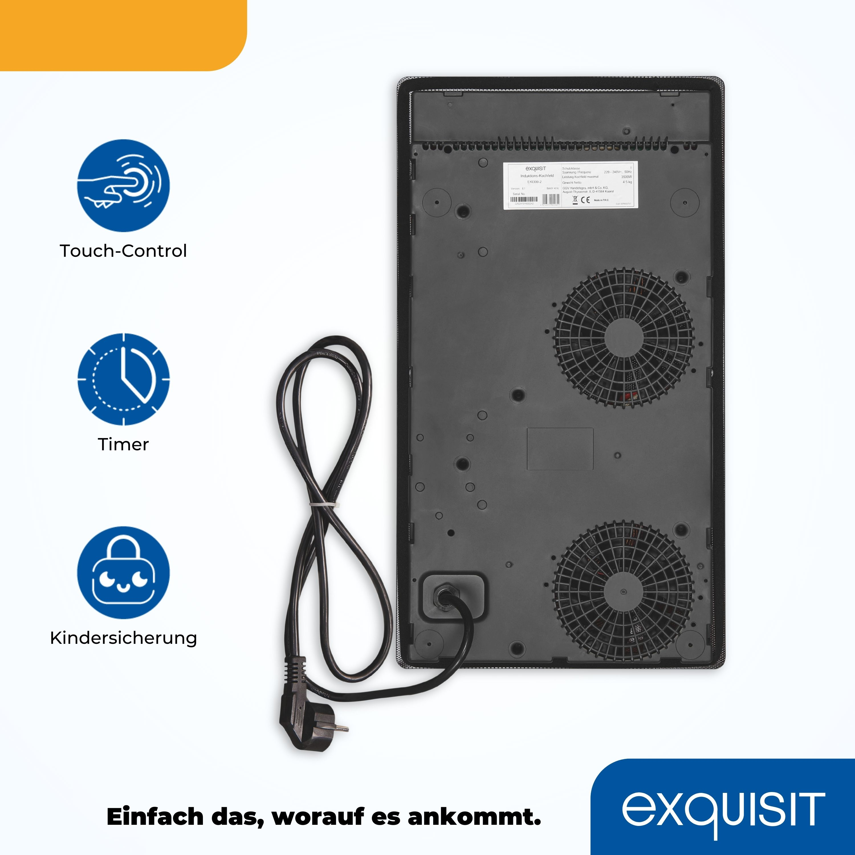 La parte trasera de una placa de inducción, que muestra el ventilador y el cable de alimentación con iconos de control.