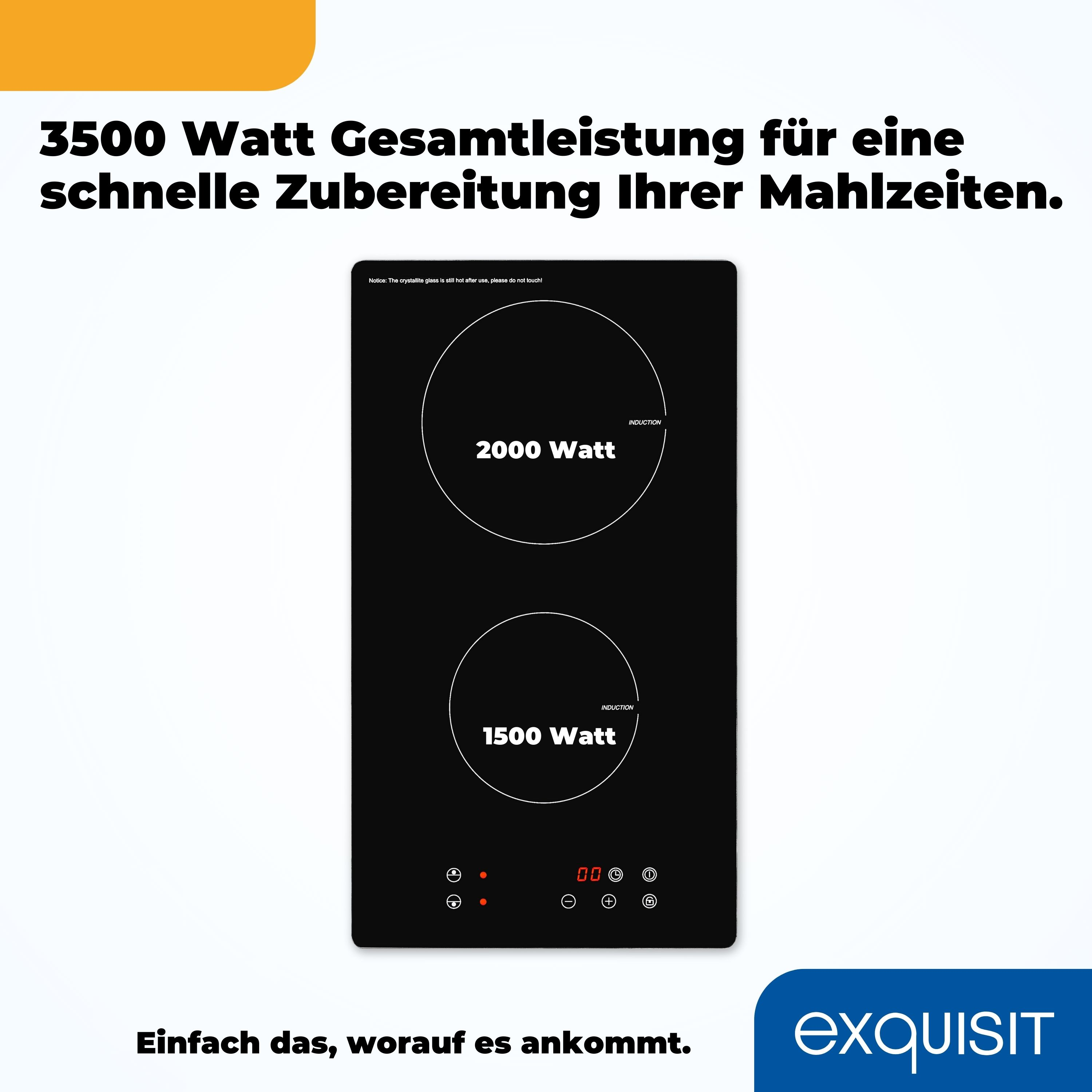 Placa de inducción negra con dos quemadores, indicadores de potencia y botones de control. El texto dice '3500 Watt Gesamtleistung'.