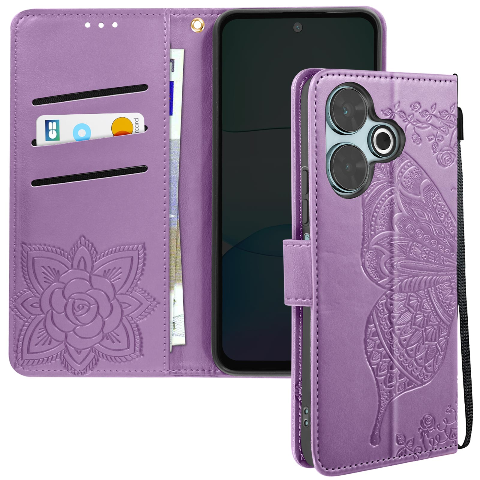 Custodia viola per telefono con design a farfalla. Con scomparti per carte e protezione.