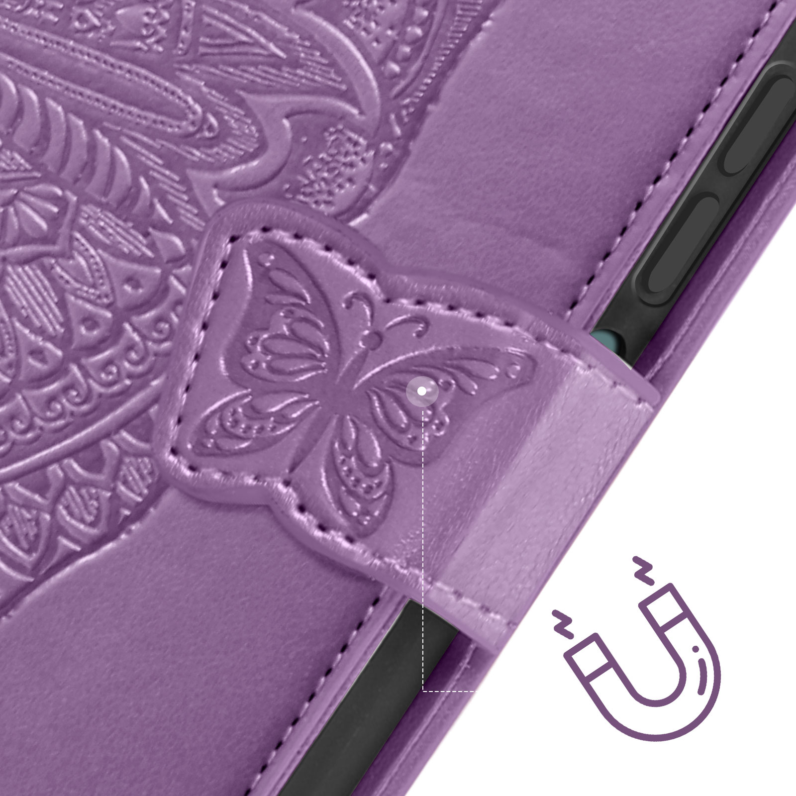 Custodia viola per tablet con dettaglio farfalla e chiusura magnetica. Sfondo bianco.