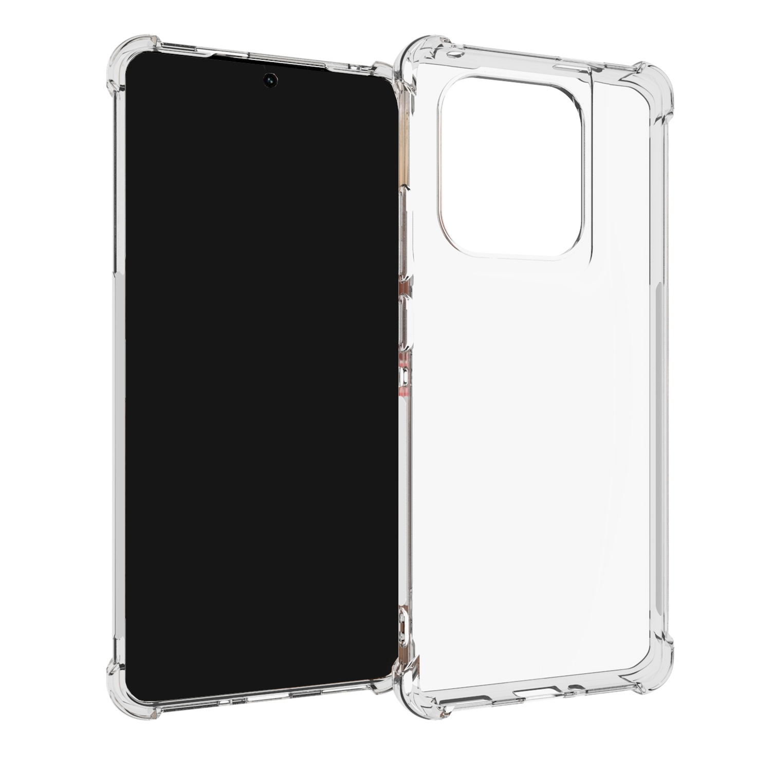 Funda transparente para teléfono junto a un teléfono. La funda es transparente y tiene bordes.