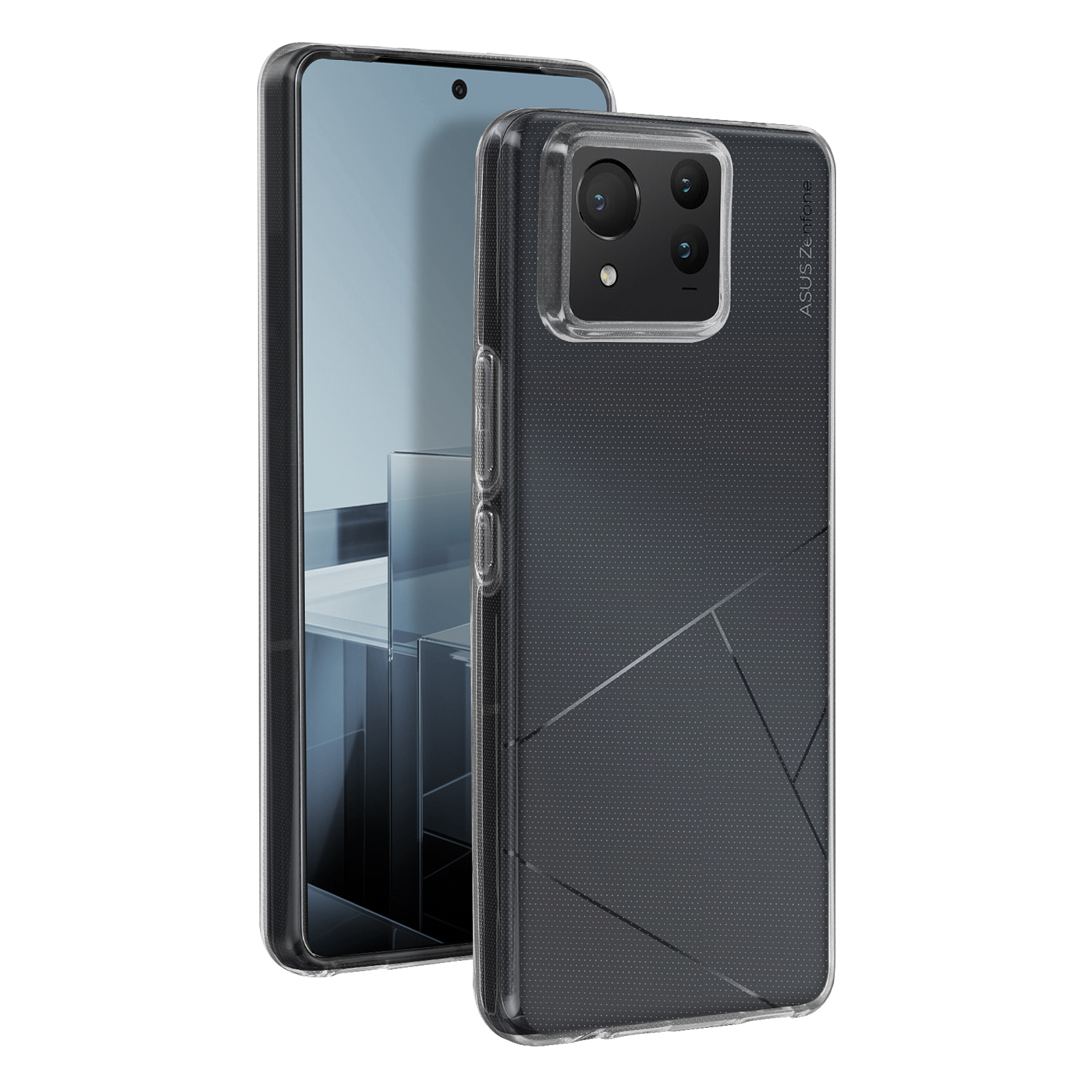Un teléfono negro con una funda transparente. La funda tiene un diseño geométrico. El teléfono se muestra al lado de otro.