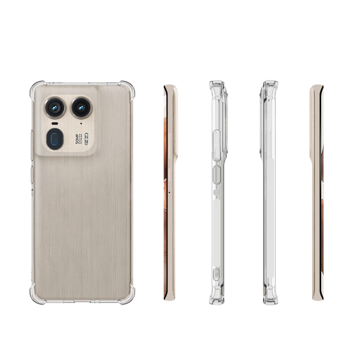 Teléfono con parte trasera de madera clara y funda transparente. El teléfono se muestra desde varios ángulos sobre un fondo blanco.