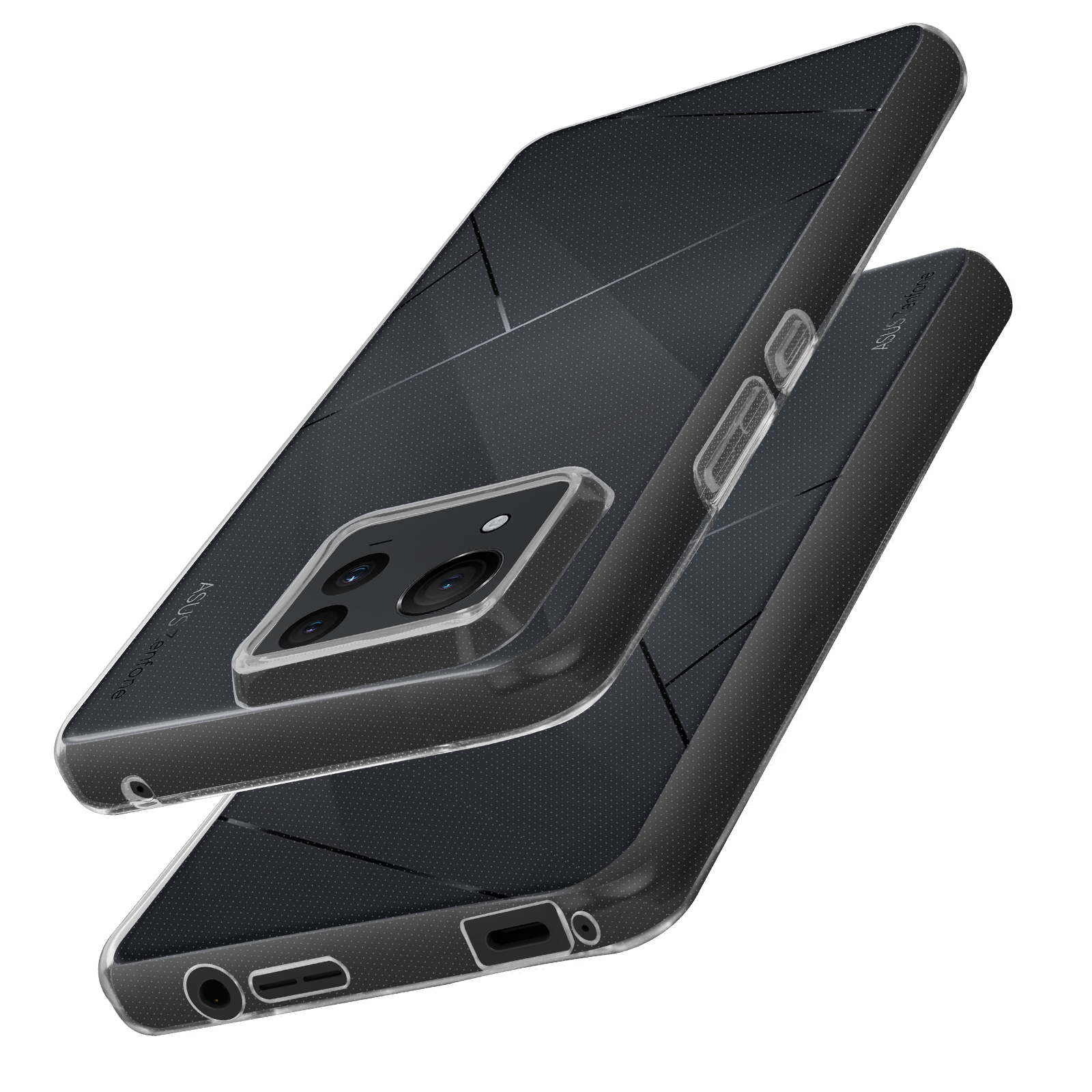 Funda de teléfono negra con parte trasera transparente y texturizada. La funda está sobre una superficie blanca.