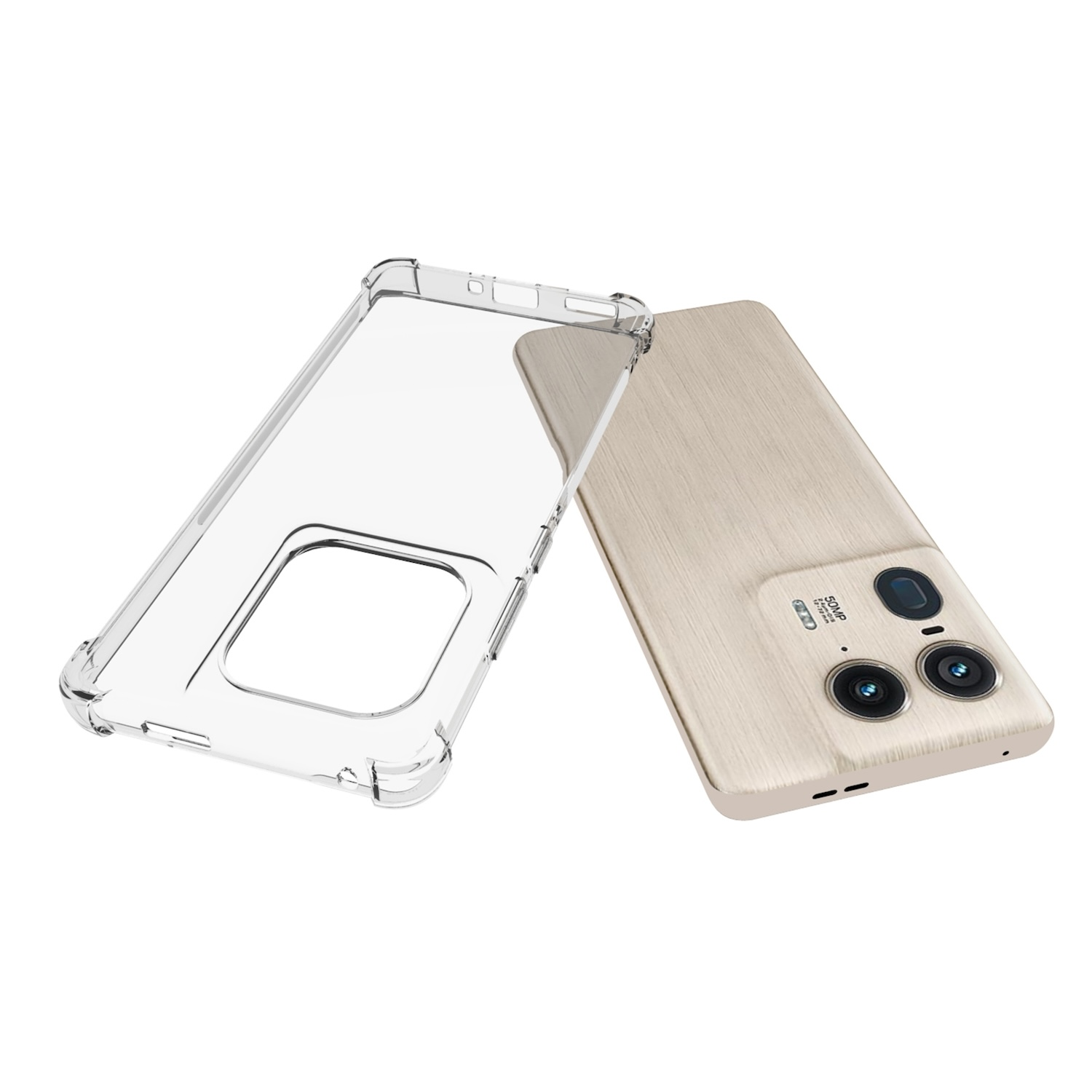 Una funda transparente para teléfono junto a un teléfono con parte trasera dorada y lentes de cámara visibles.