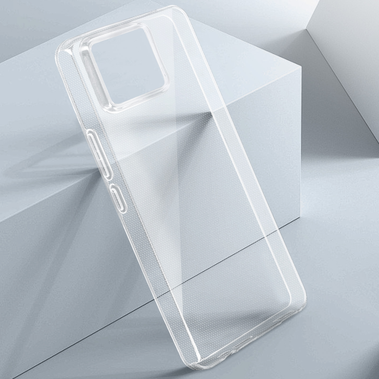Una funda transparente para teléfono sobre una superficie azul claro con diseño geométrico. La funda está vacía.