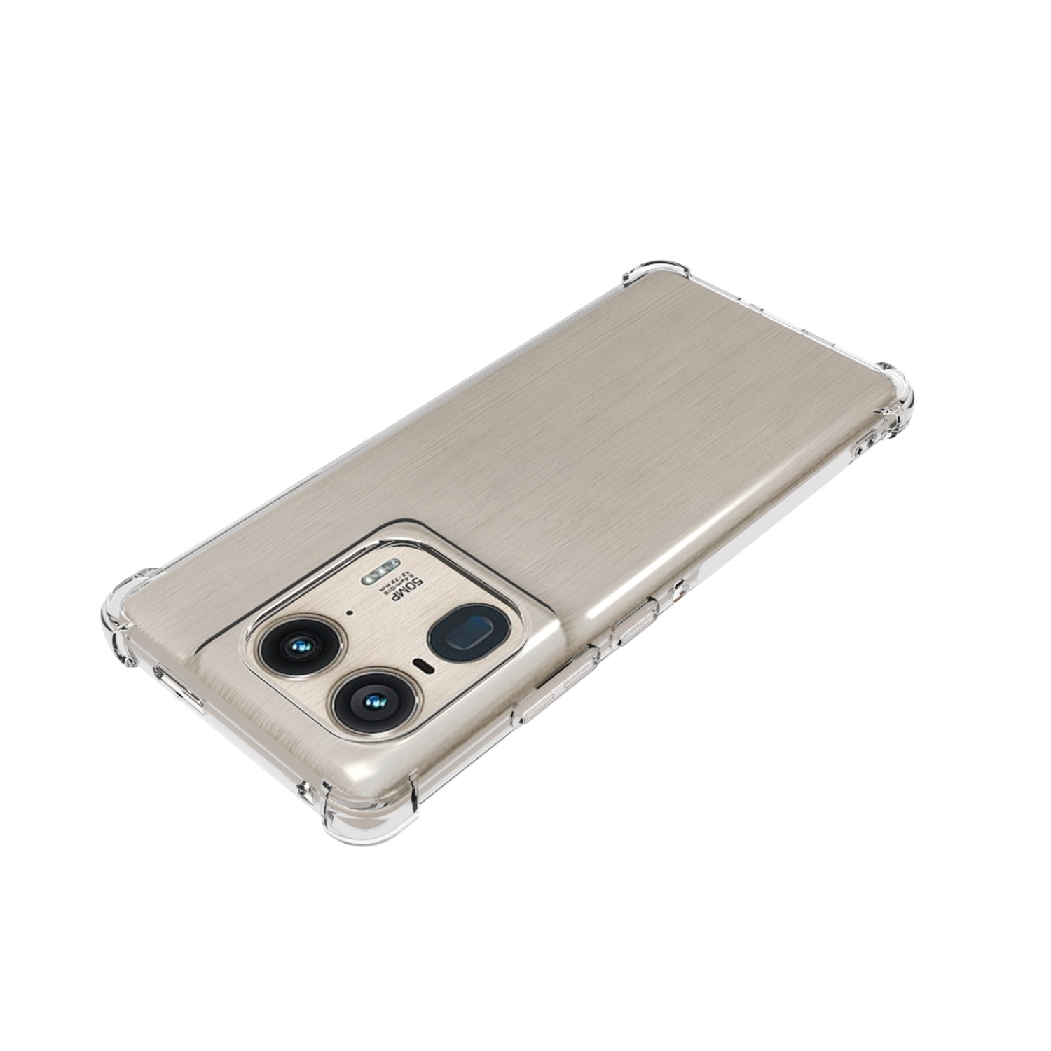 Un teléfono con funda transparente. El teléfono es dorado con tres lentes.