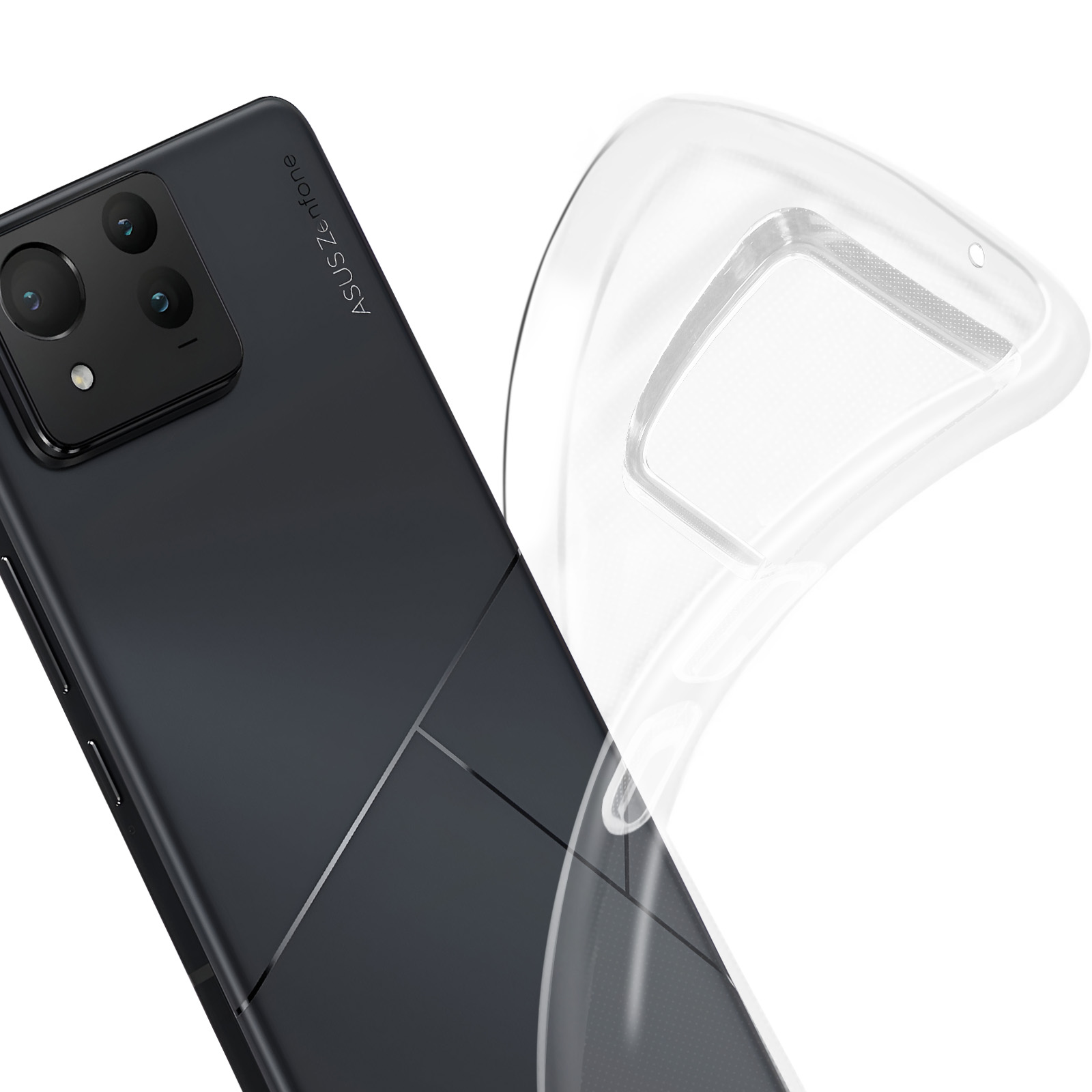 Primer plano de un teléfono negro con una funda transparente sobre fondo blanco.