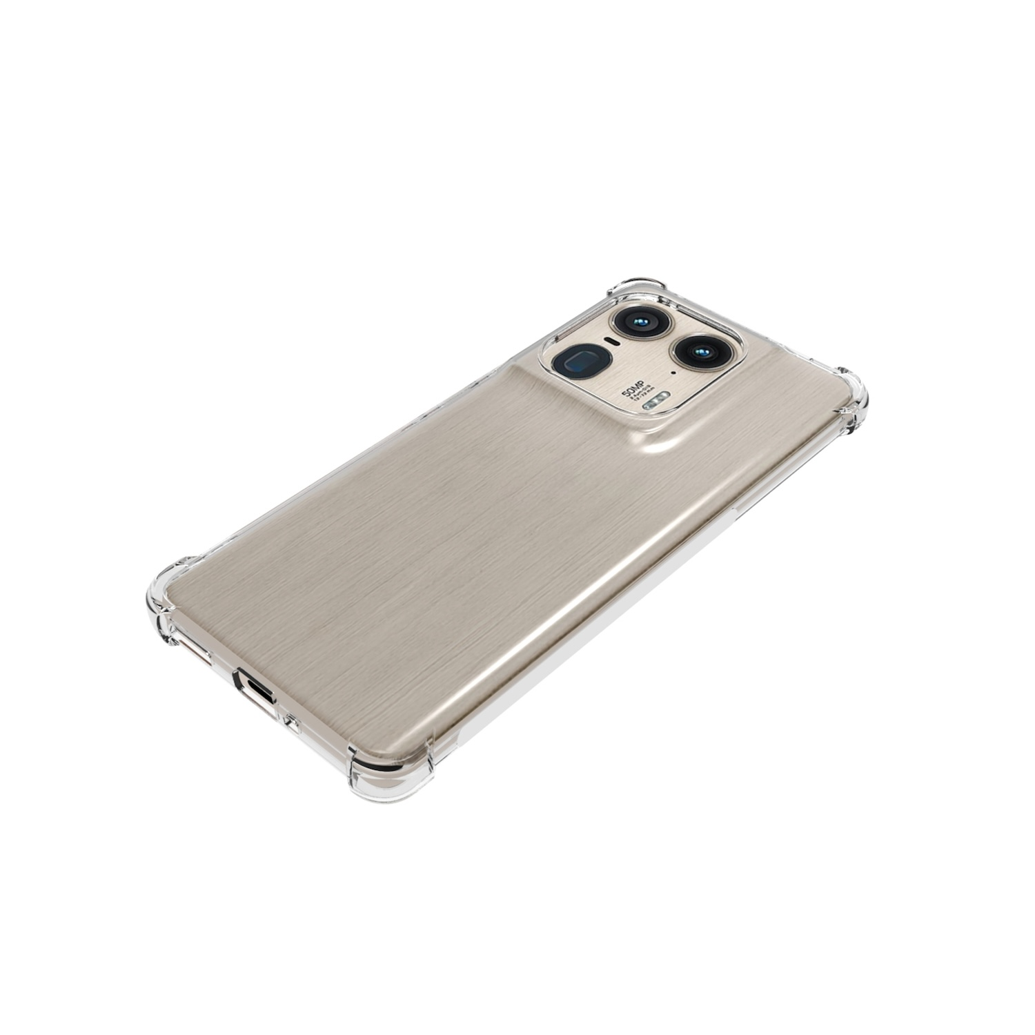 Un teléfono dorado en una funda transparente, sobre fondo blanco.