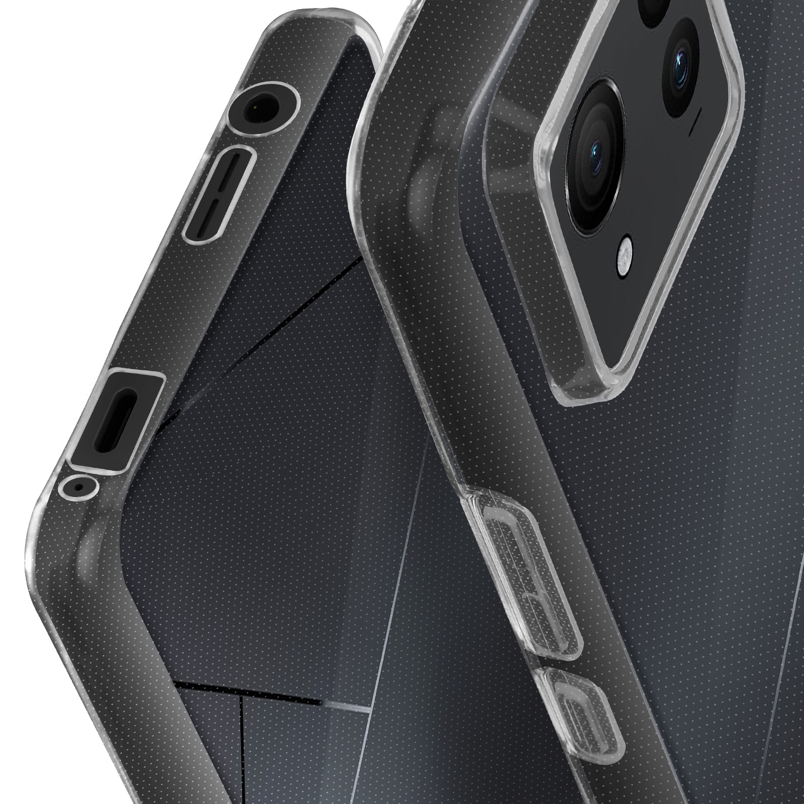Primer plano de una funda transparente para teléfono con un patrón de puntos. Muestra la cámara y los botones laterales.