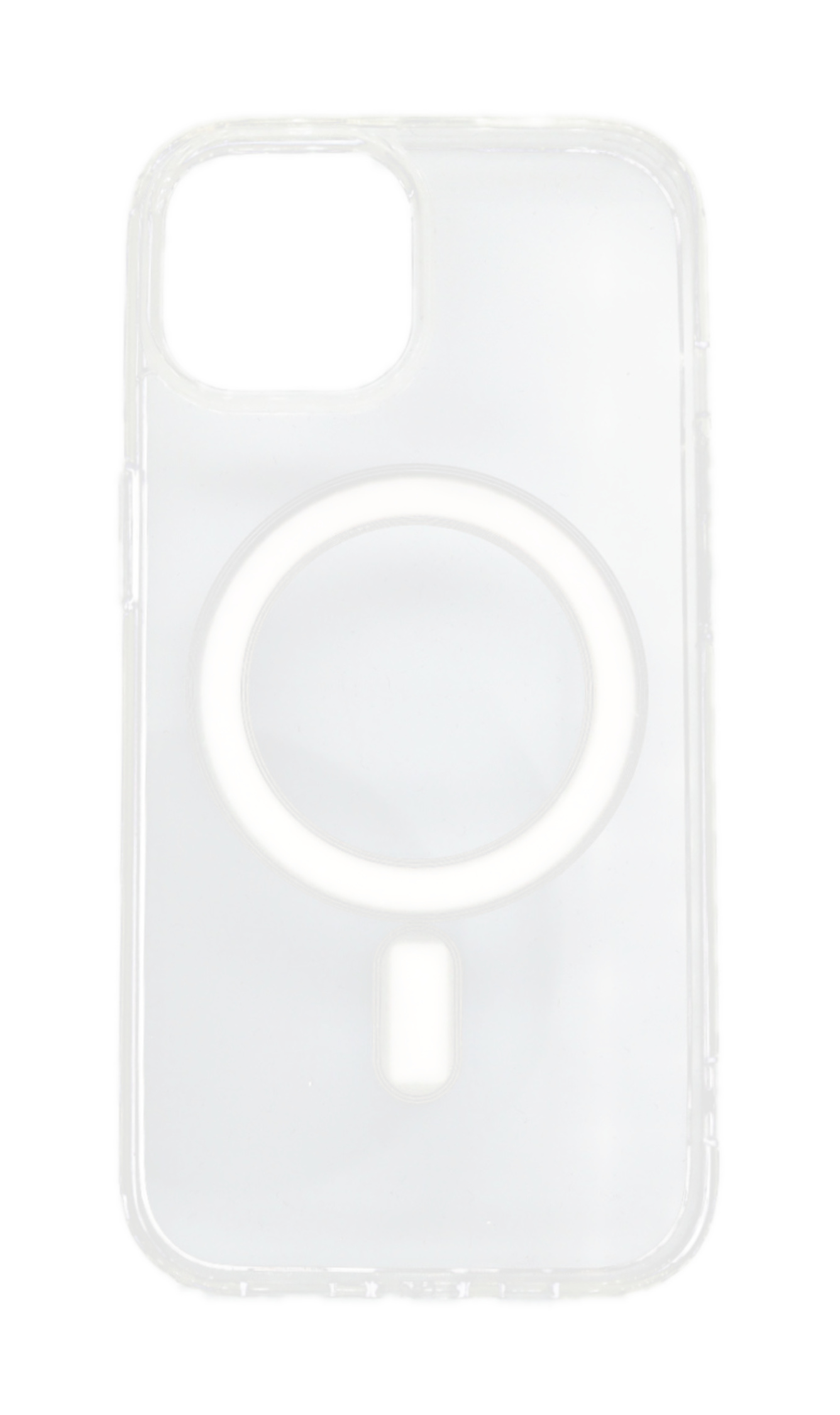 Transparente Handyhülle mit einem weißen kreisförmigen Element. Die Hülle ist transparent. Der Hintergrund ist weiß.