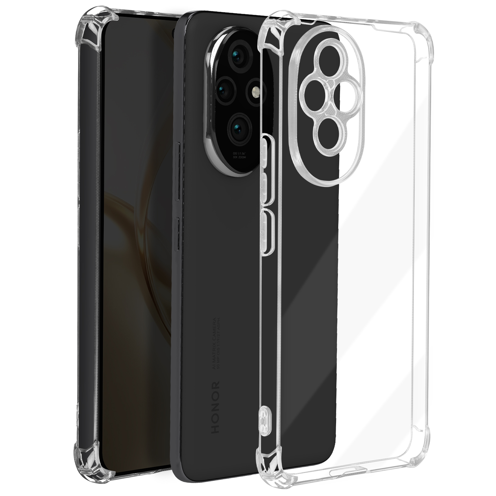Tre custodie per telefono. Trasparente, nera e un telefono. Custodia trasparente davanti. Sfondo bianco.