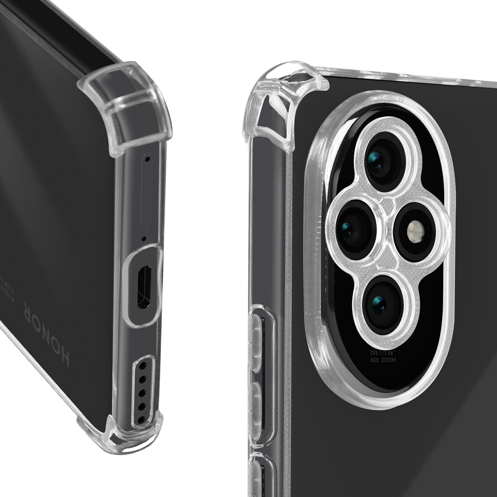 Una custodia trasparente per telefono. Ha un ritaglio per la fotocamera e si trova su una superficie nera.