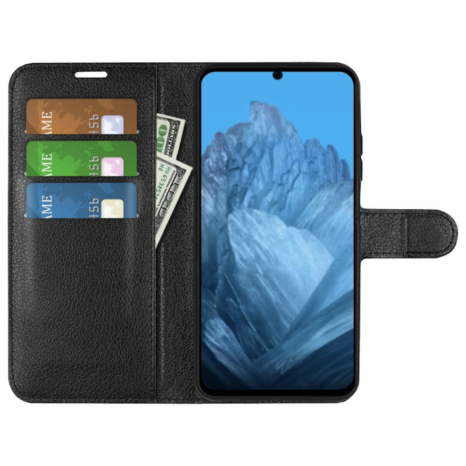 Ein schwarzes Telefon in einem schwarzen Brieftaschenetui mit Kreditkarten und Bargeld, vor weißem Hintergrund.