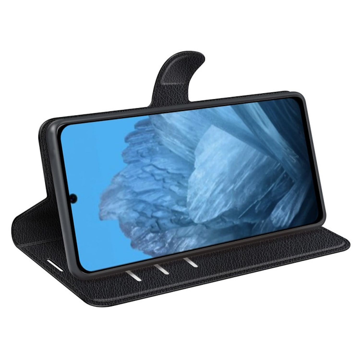 Geöffnete schwarze Handyhülle mit Telefonanzeige und blauem Hintergrund.