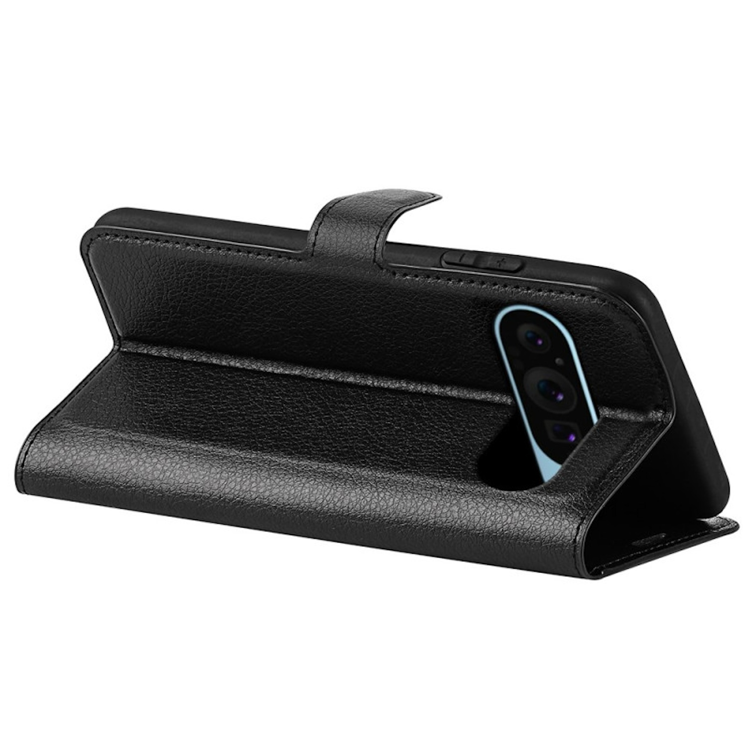 Eine offene schwarze Handyhülle, die das Telefon zeigt. Die Hülle ist lederartig mit einem Klappverschluss.