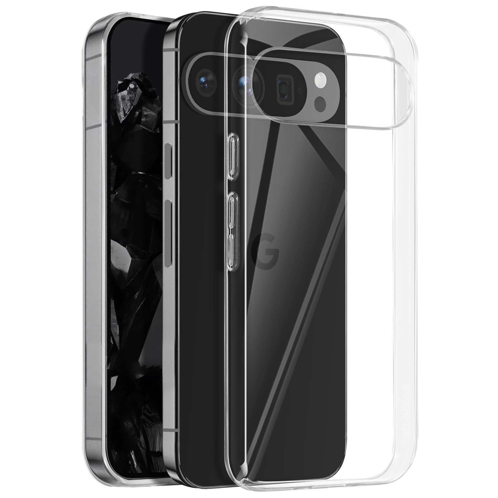 Telefono nero con custodia trasparente, che mostra il retro e il lato. Il telefono è nero e argento.