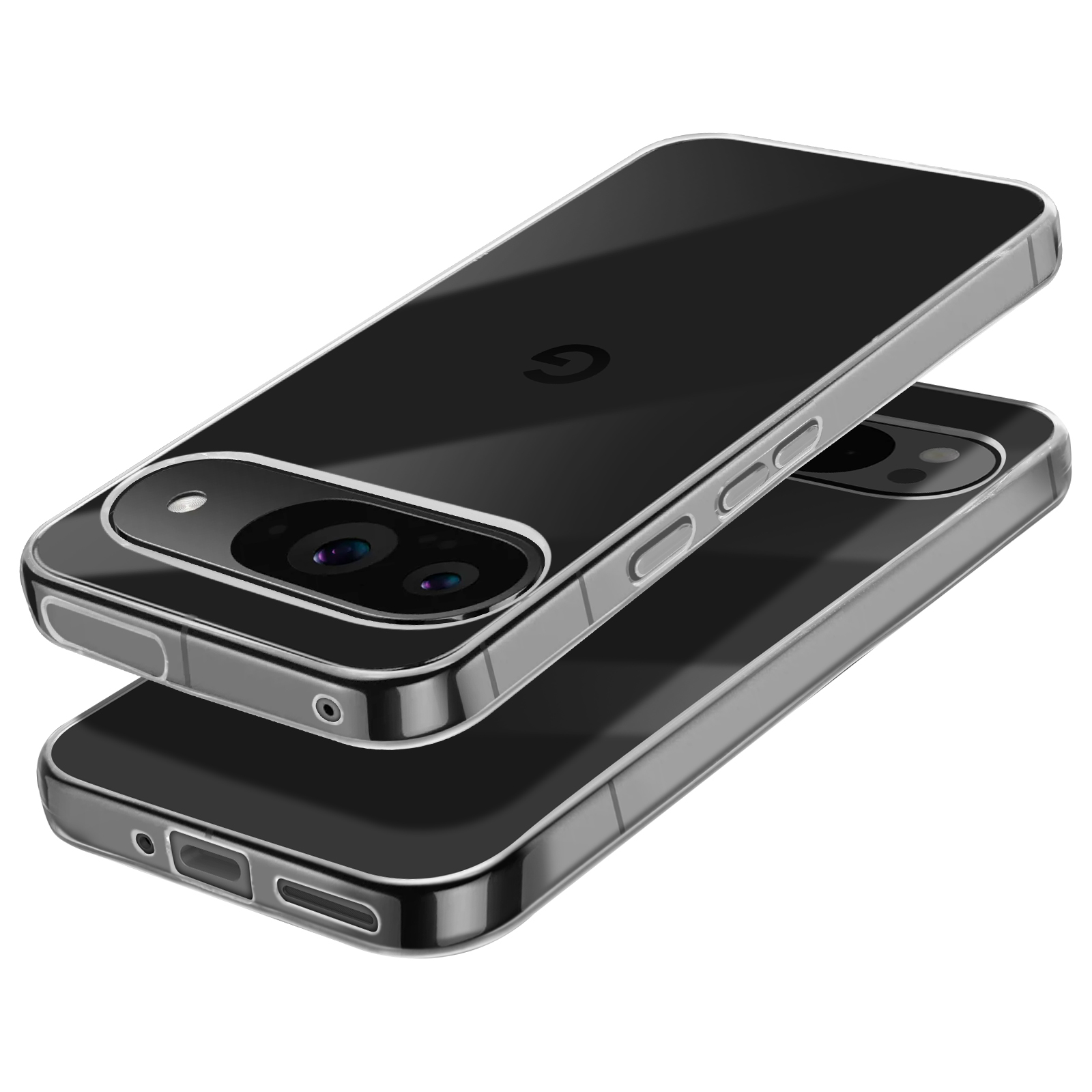 Due custodie trasparenti per telefono impilate, che mostrano i ritagli della fotocamera e i dettagli del design.
