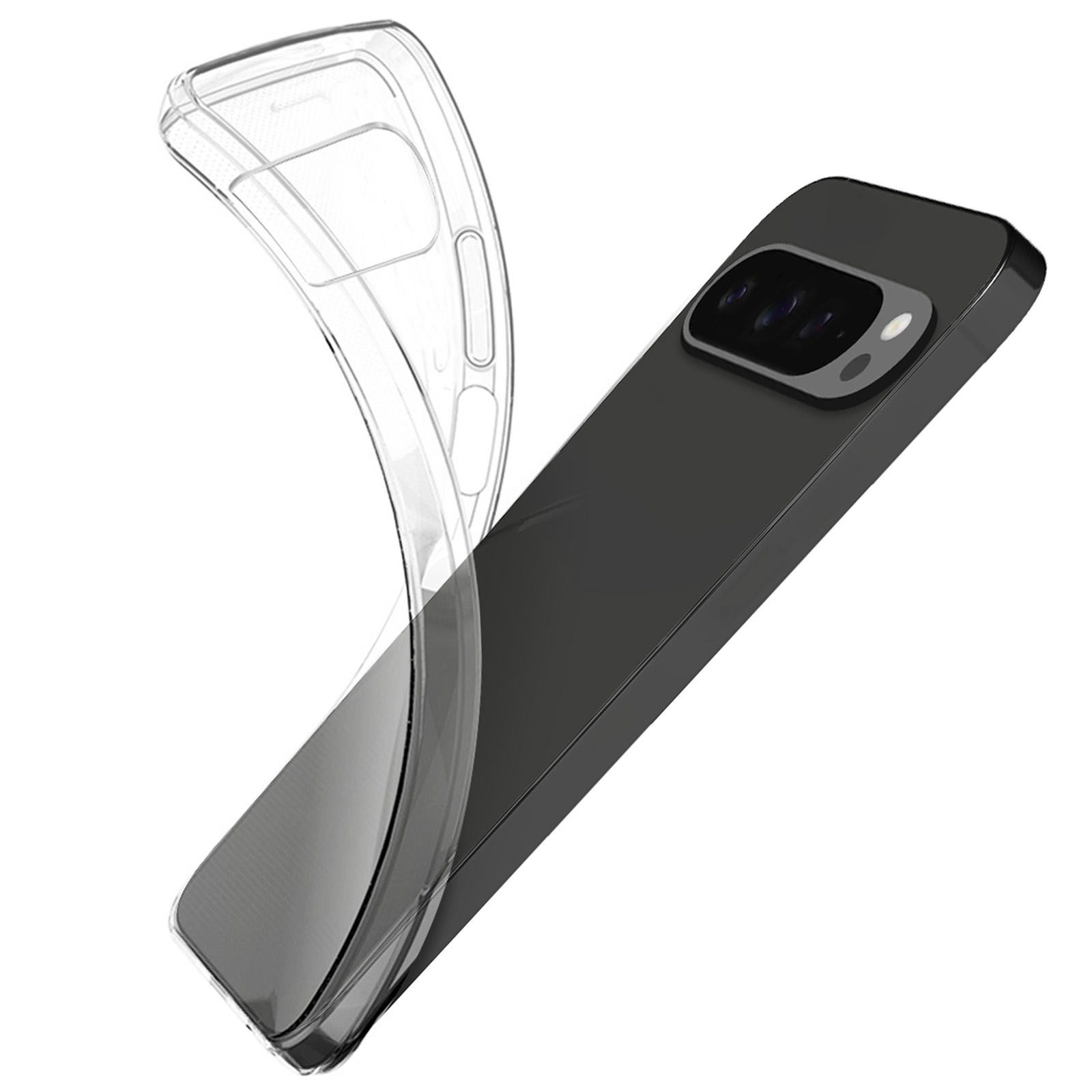 Una custodia trasparente per telefono accanto a un telefono nero. La custodia è flessibile e il telefono ha fotocamere.