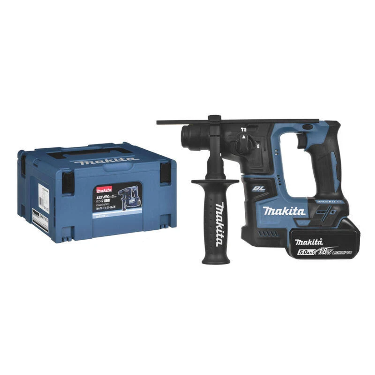 Makita-Bohrmaschine mit blauem Koffer. Der Hintergrund ist weiß.