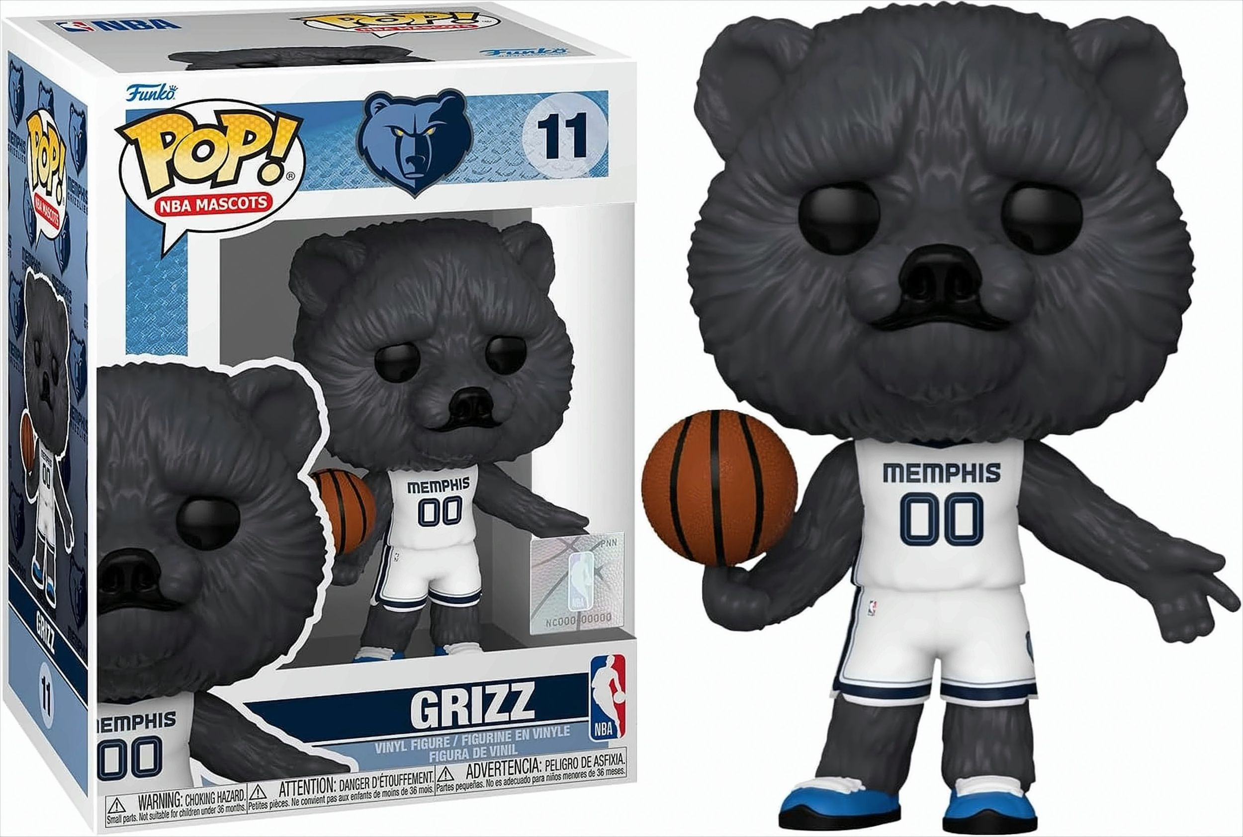 Grizz-Figur von den Memphis Grizzlies, die einen Basketball hält. Es ist ein schwarzer Bär, der ein Trikot trägt.