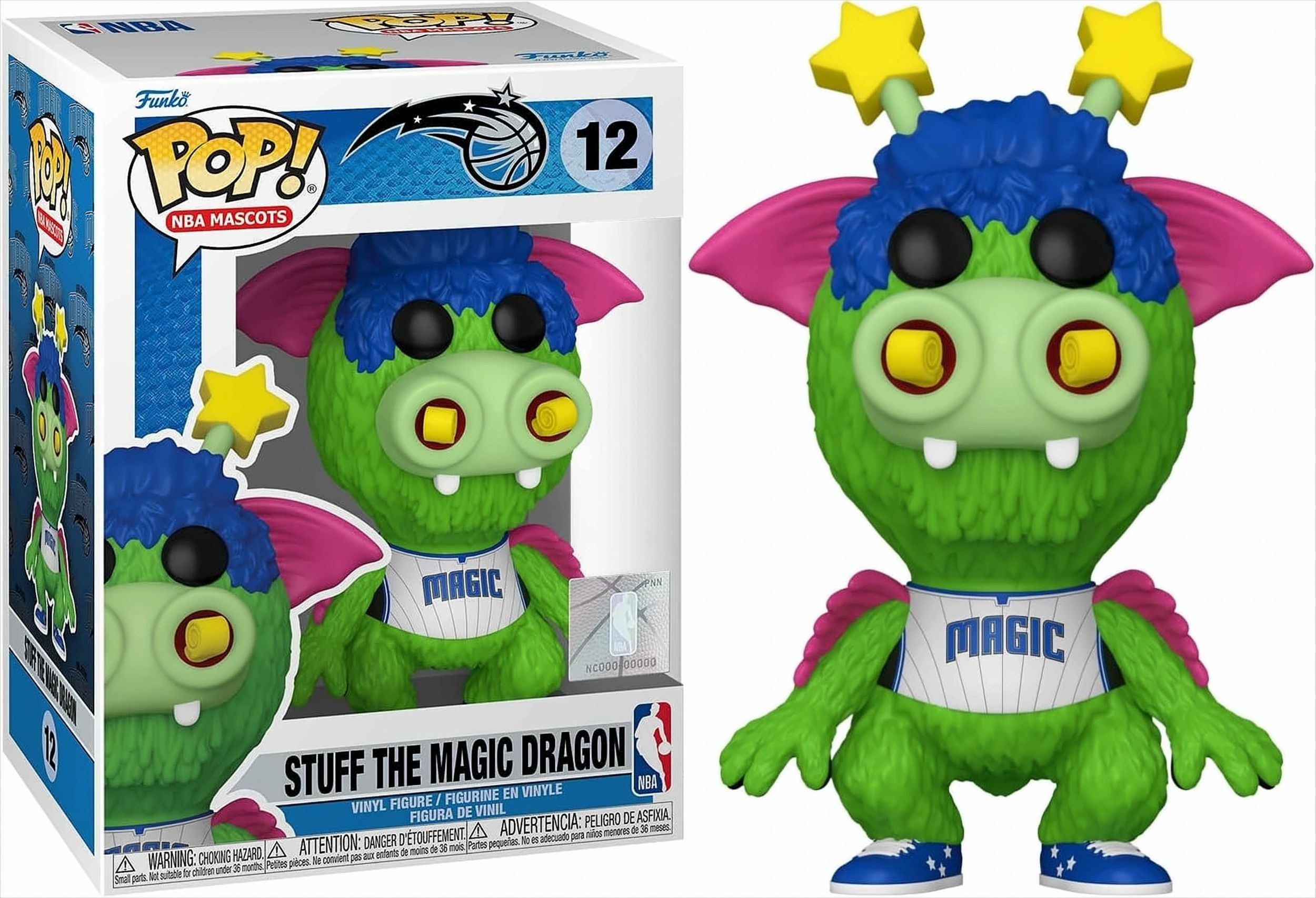 Funko Pop Figur: Stuff the Magic Dragon, grün mit blauen Haaren, auf einer Box.