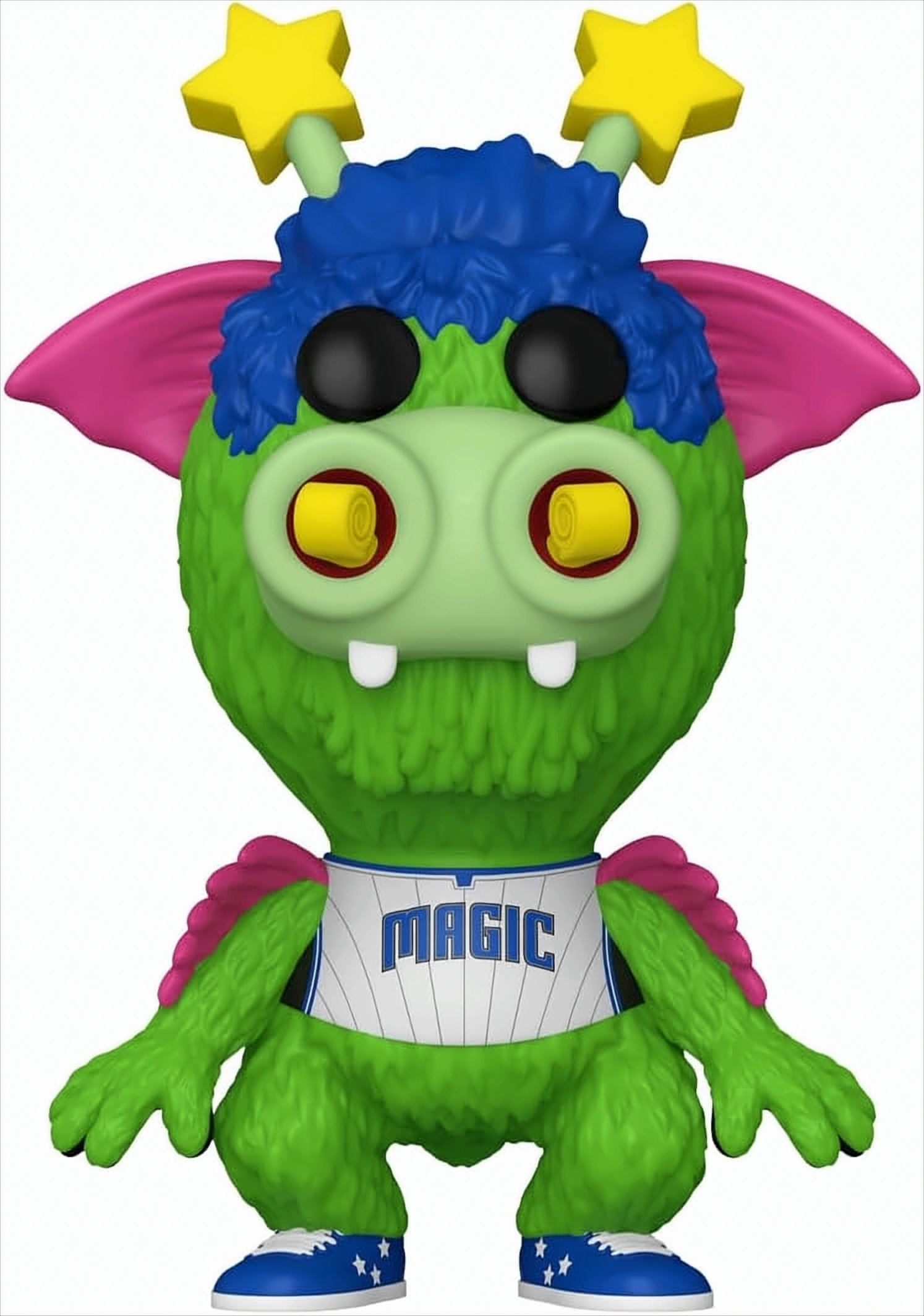 Grüne Monster-Spielfigur mit großen Augen, Sternen und Trikot mit 'MAGIC'.