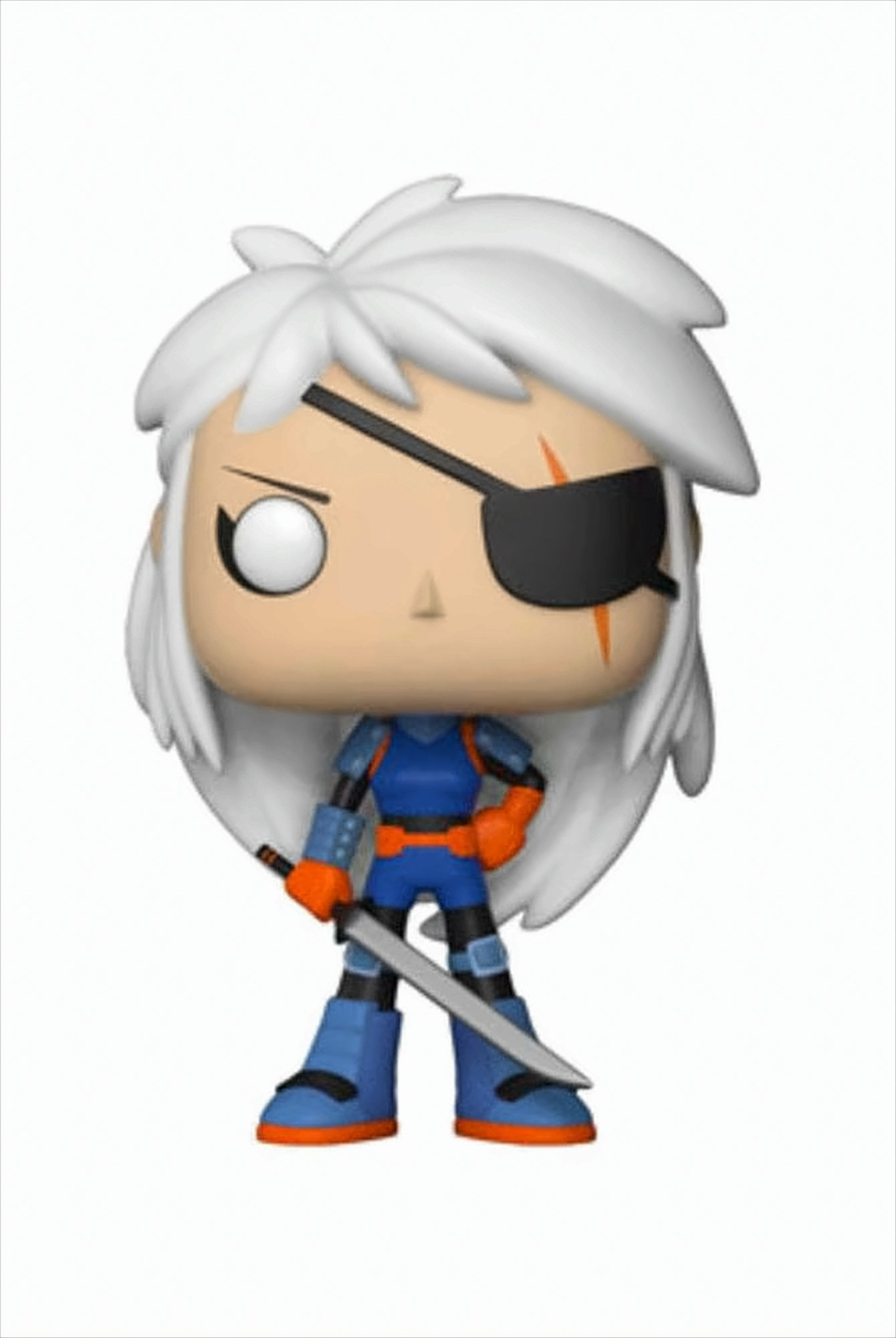 Una figura Funko Pop di Deathstroke con una spada e una benda sull'occhio su sfondo bianco.